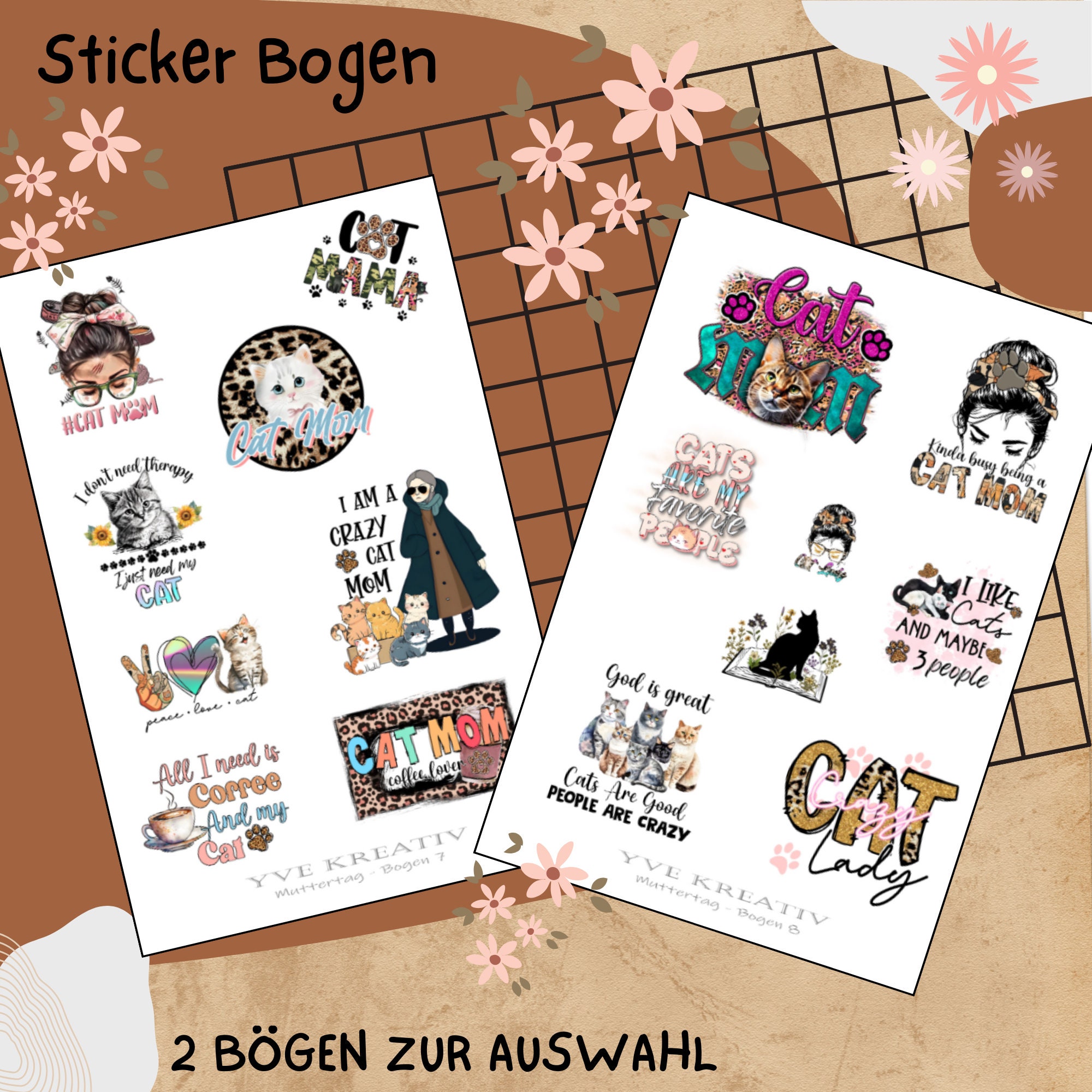 Sticker Bogen "Muttertag Katzen Mama" | Sticker Set - Aufkleber 2 Stickerbogen zur Auswahl in Weiß - Transparent - Matt - Glanz