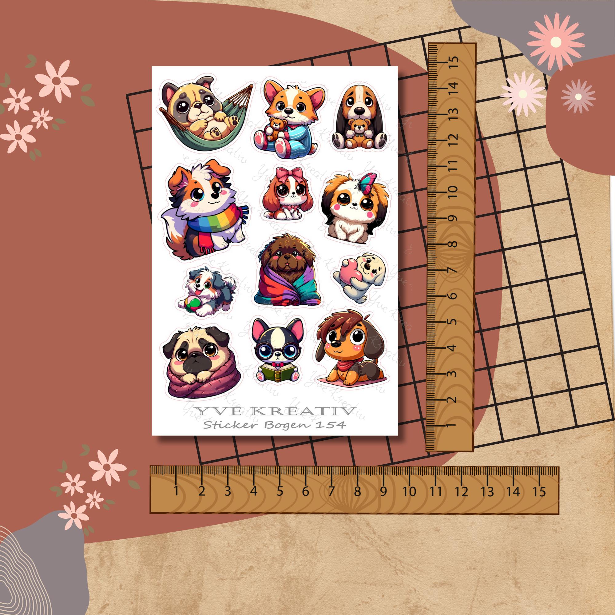 Aufkleber, Sticker Bogen, Hunde, Kawaii Dogs| Sticker Set - 3 Stickerbogen zur Auswahl in Weiß - Transparent - Matt - Glanz #SBA6