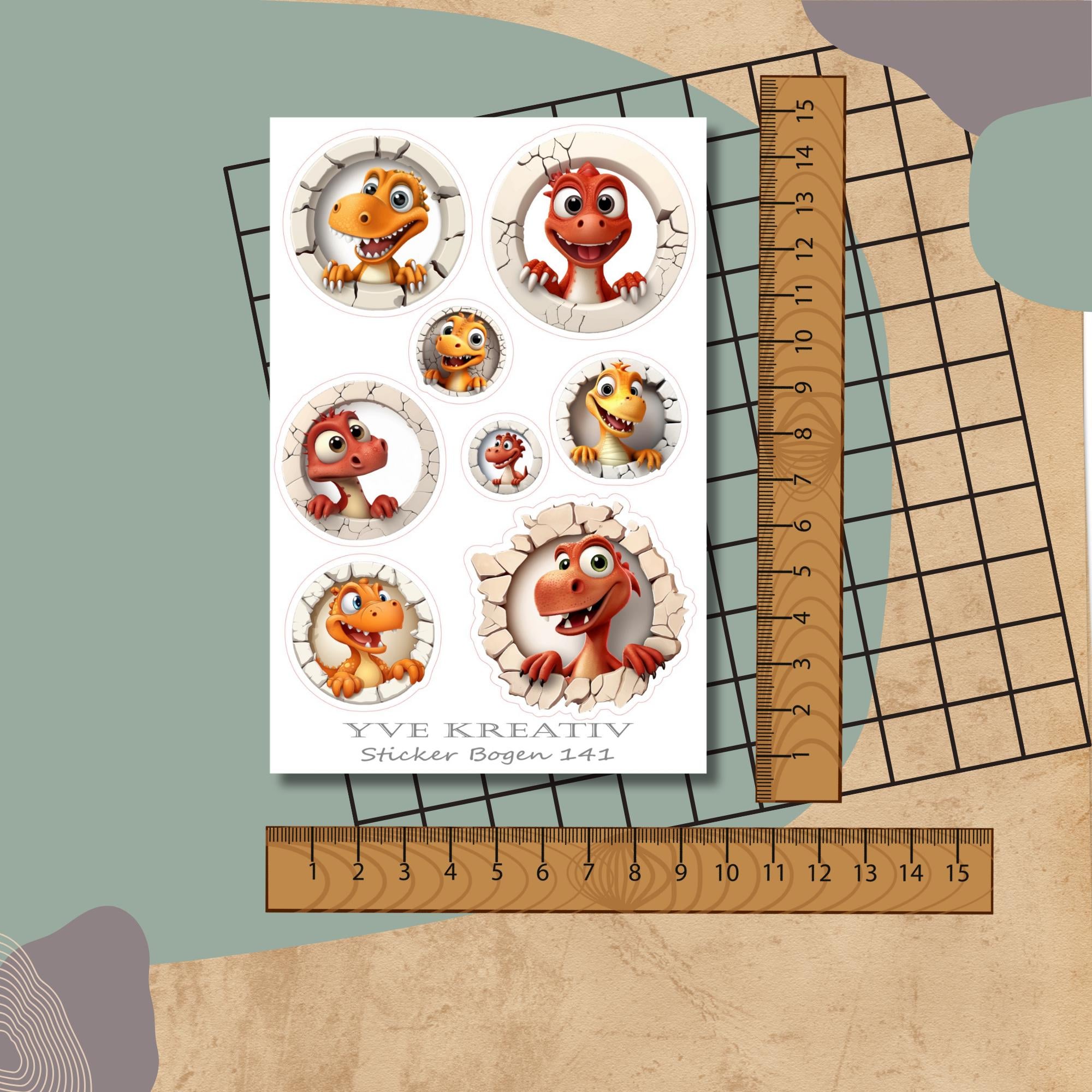 Aufkleber, Stickerbogen, Sticker Funny Dinos | Sticker Set - 3 Bögen zur Auswahl in Weiß - Transparent - Matt - Glanz  #SBA6