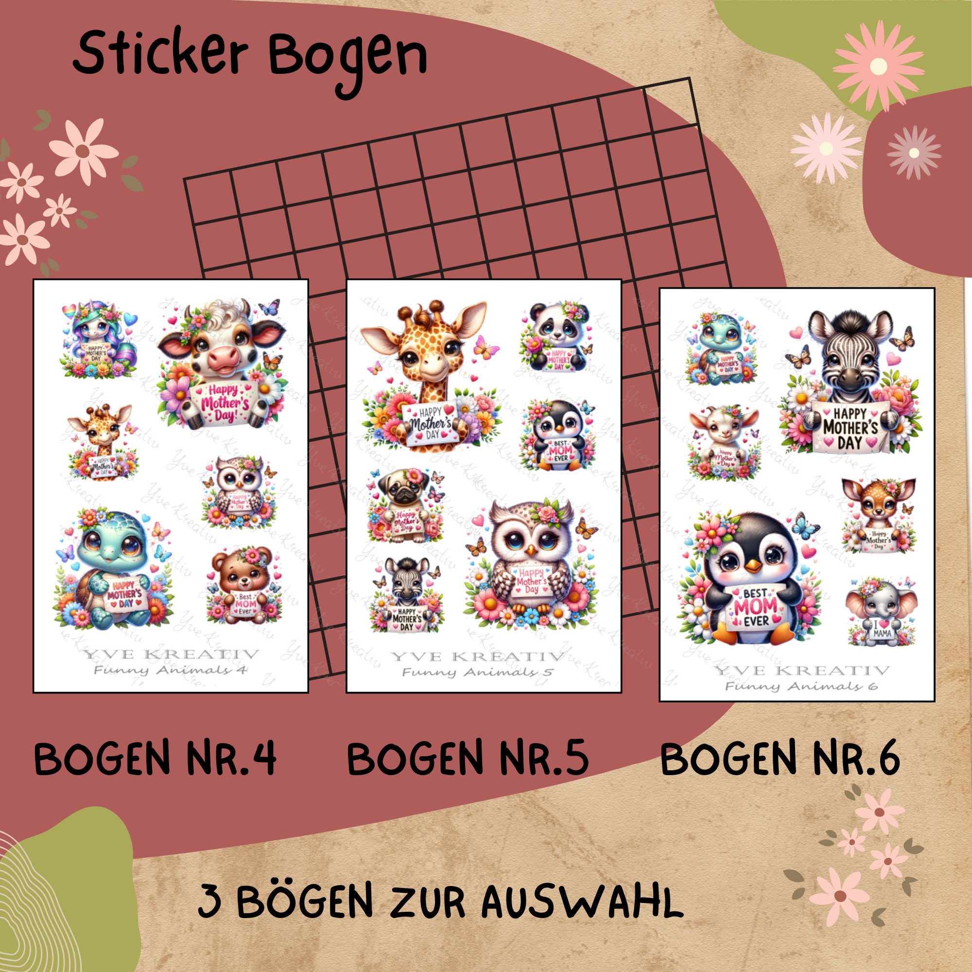 Sticker Bogen "Niedliche Tiere zum Muttertag" | Sticker Set - Aufkleber 3 Stickerbogen zur Auswahl in Weiß - Transparent - Matt - Glanz