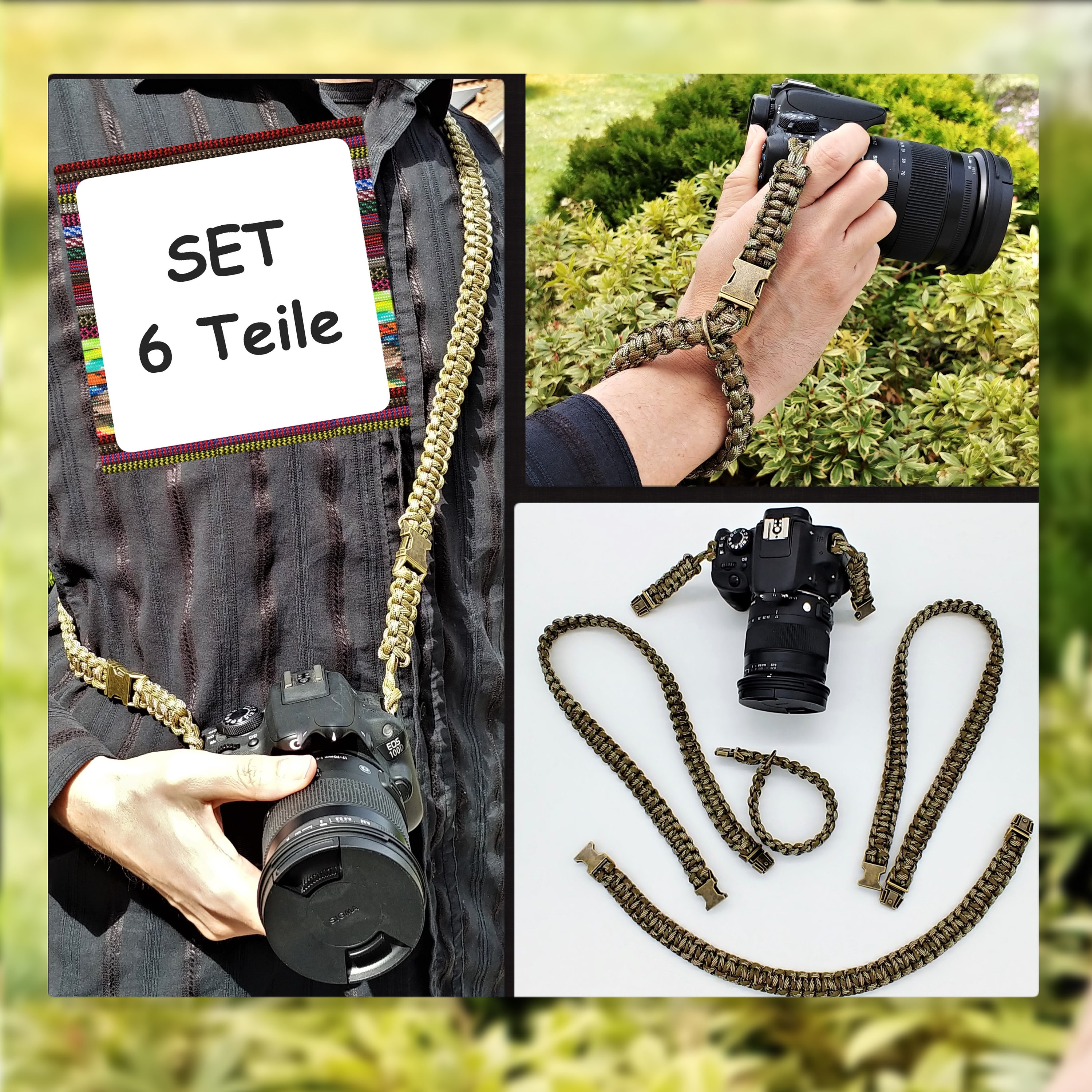 6 tlg. SET Kameragurt inkl. Handschlaufe geknotet aus Parachute Cord (Fallschirmschnur) Kamera Zubehör - Farbe "Olivgrün" 6 tlg. SET Kameragurt inkl. Handschlaufe geknotet aus Parachute Cord (Fallschirmschnur) Kamera Zubehör - Farbe "Olivgrün"