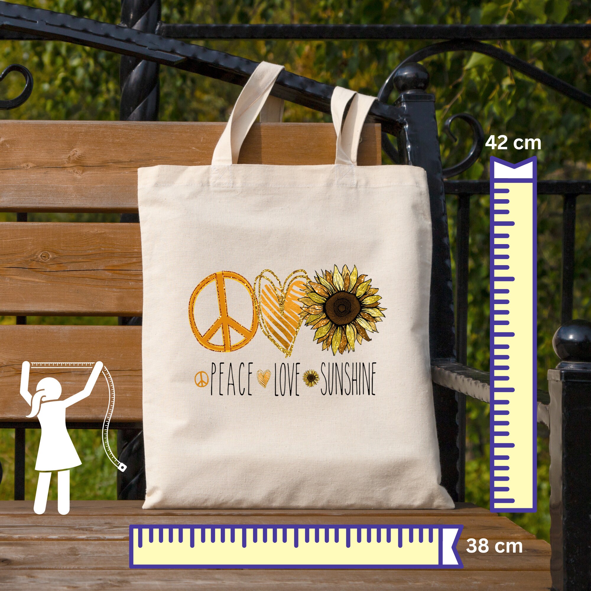 Stofftasche, Stoffbeutel, Einkaufstasche, Tasche, Geschenk in Weiß oder Beige "Peace, Love, Sonnenblume, Sonnenschein"