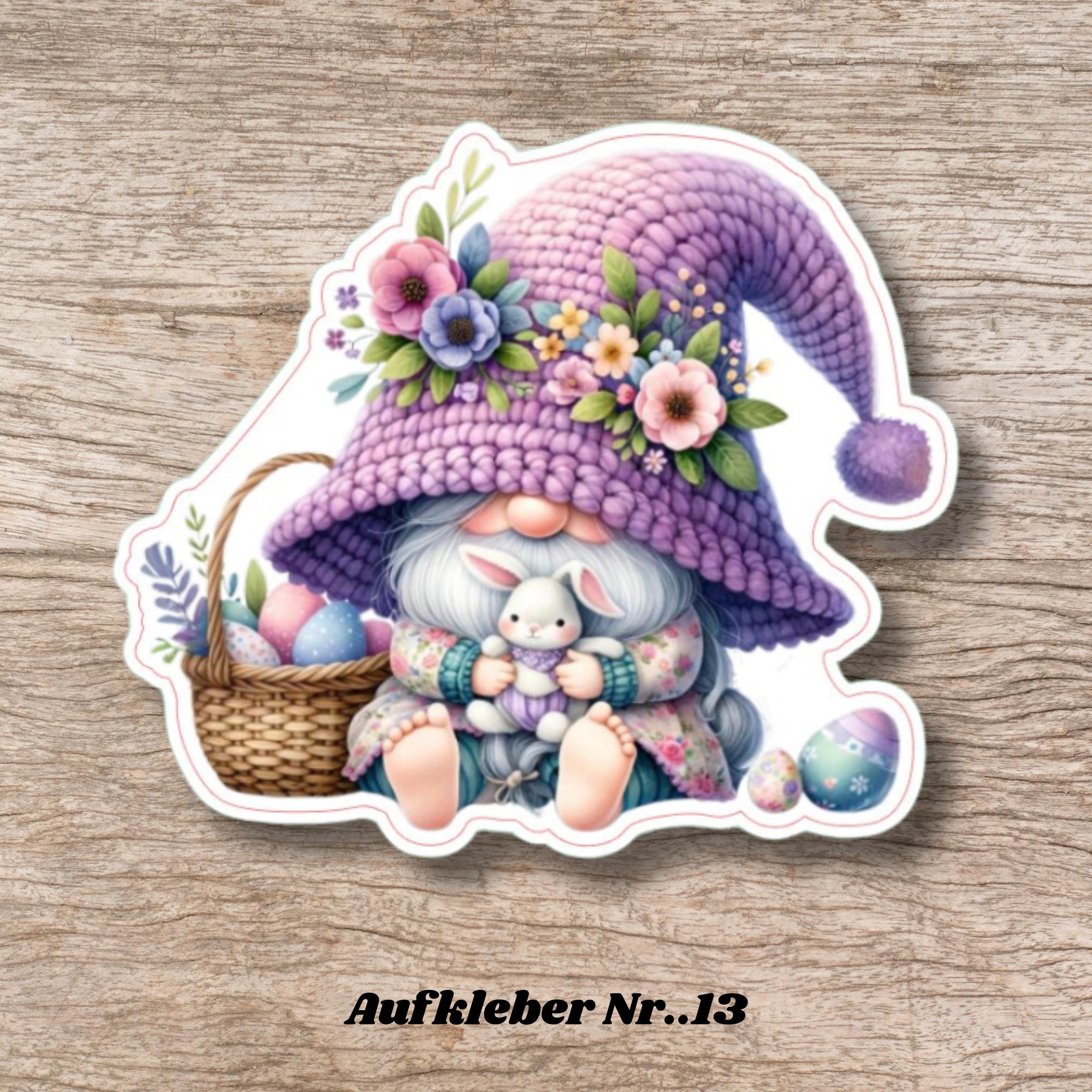 Aufkleber Ostern großer 8 cm Sticker Lila Wichtel Deko Geschenkaufkleber Oster Gnom Zwerg - zur Auswahl in Weiß oder Transparent  #SEG8