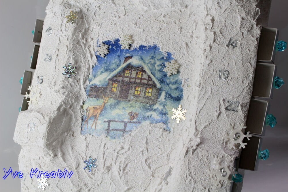 Adventskalender aus 24 Streichholzschachteln / Wandbild / Schneelandschaft / zum Befüllen