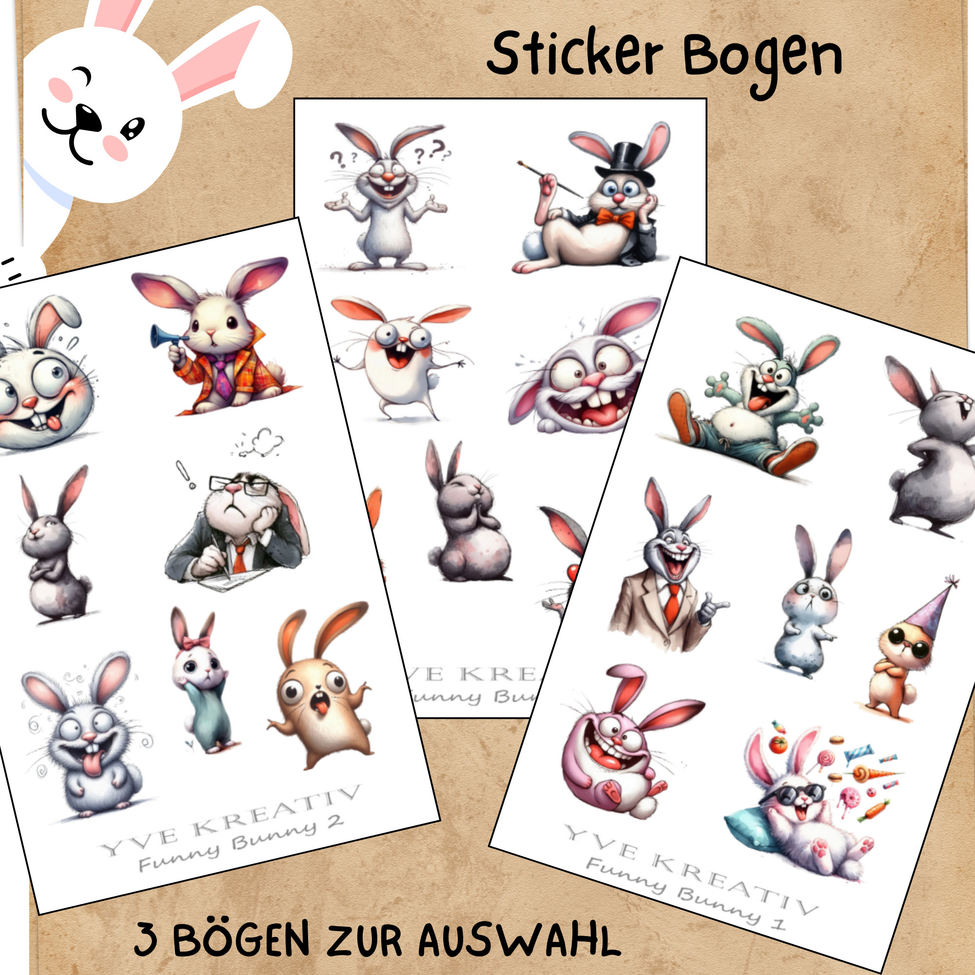 Sticker Bogen - "Funny Bunny" Lustige Häschen | Sticker Set - Journal Sticker - Aufkleber 3 Bögen zur Auswahl in Weiß oder Transparent
