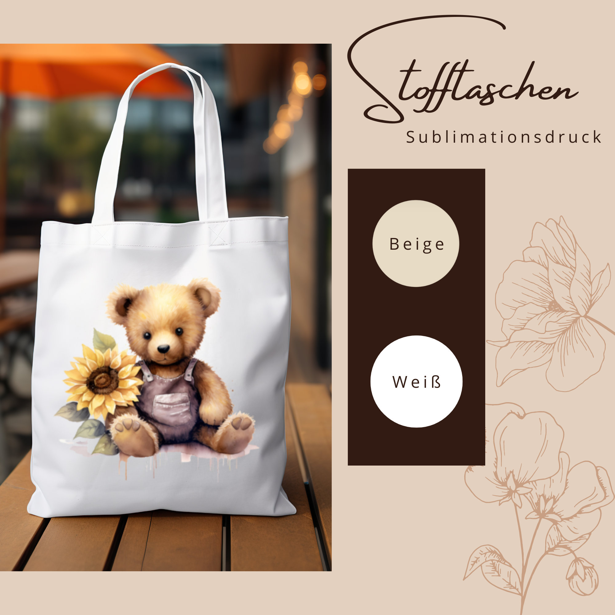 Stofftasche, Stoffbeutel, "Teddy, Bär, Sonnenblume", Einkaufstasche, Tasche, Geschenk zum Geburtstag in Weiß oder Beige  #STSUB