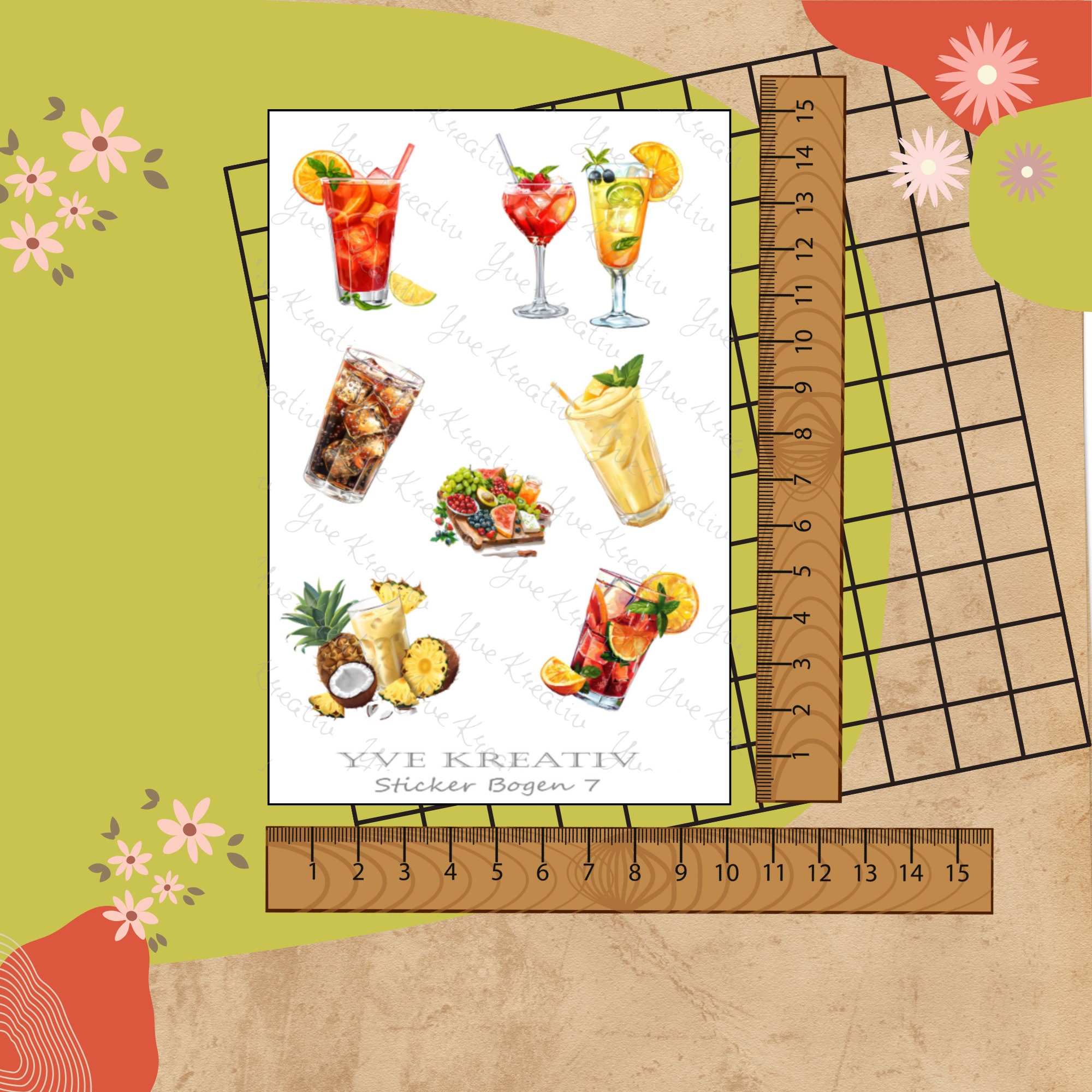 Sticker Bogen " Sommer Cocktail Party " | Sticker Set - Aufkleber 3 Stickerbogen zur Auswahl in Weiß - Transparent - Matt - Glanz  #SBA6