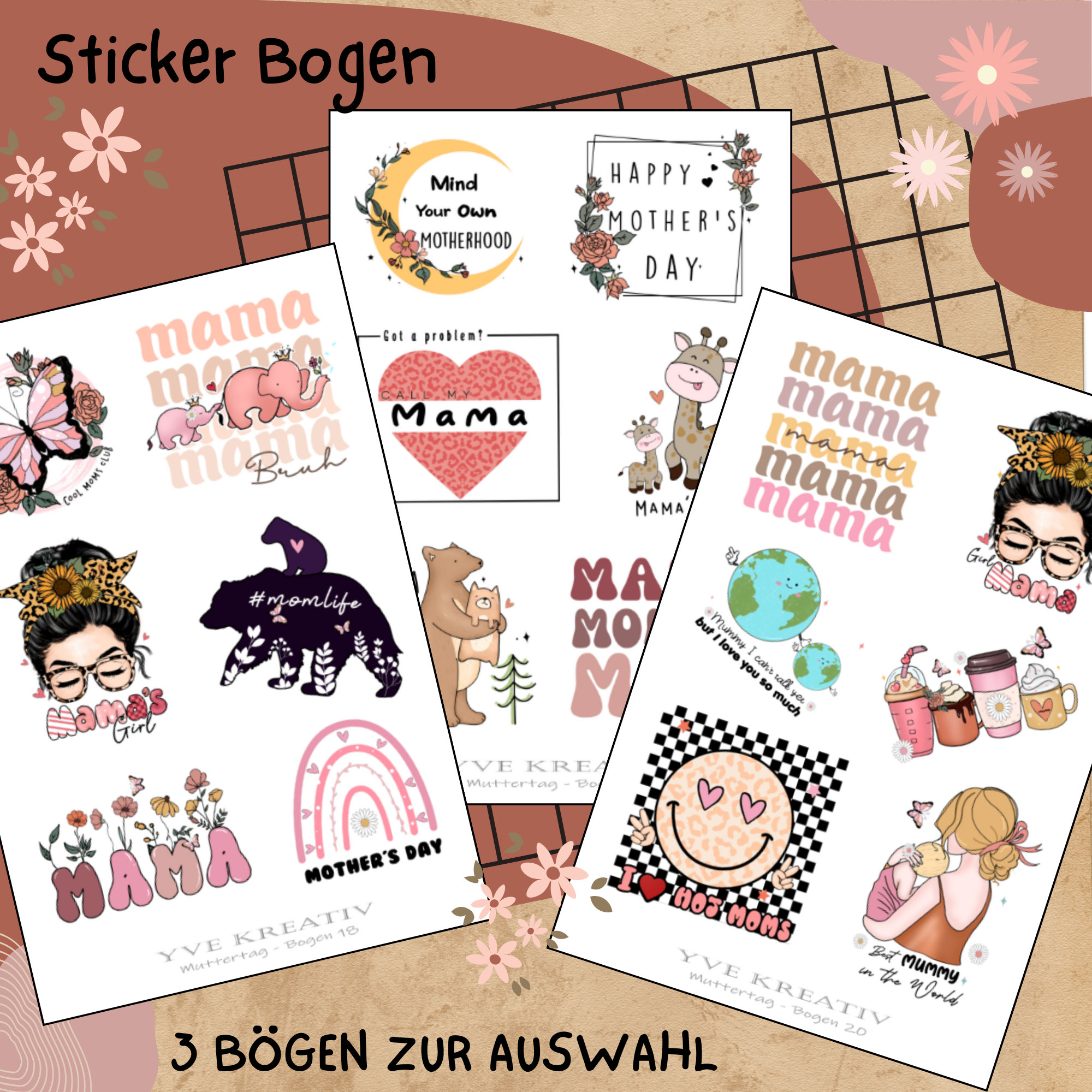 Sticker Bogen " Muttertag Best Mom " | Sticker Set - Aufkleber 3 Stickerbogen zur Auswahl in Weiß - Transparent - Matt - Glanz