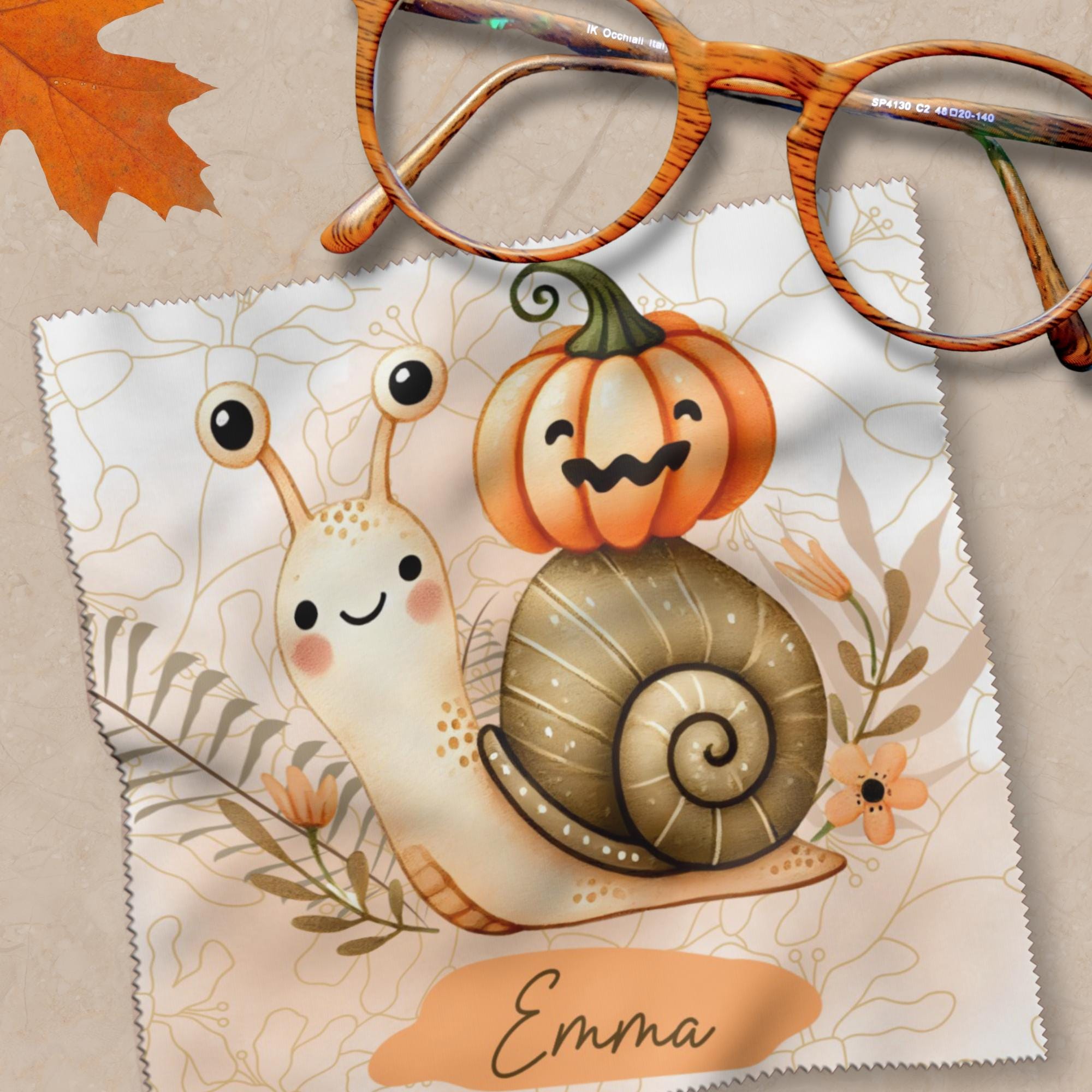 Brillenputztuch Herbst Schnecke personalisiert mit Namen bedrucktes Mikrofasertuch für Display Handy Sonnenbrille Geschenk Halloween #TI163P