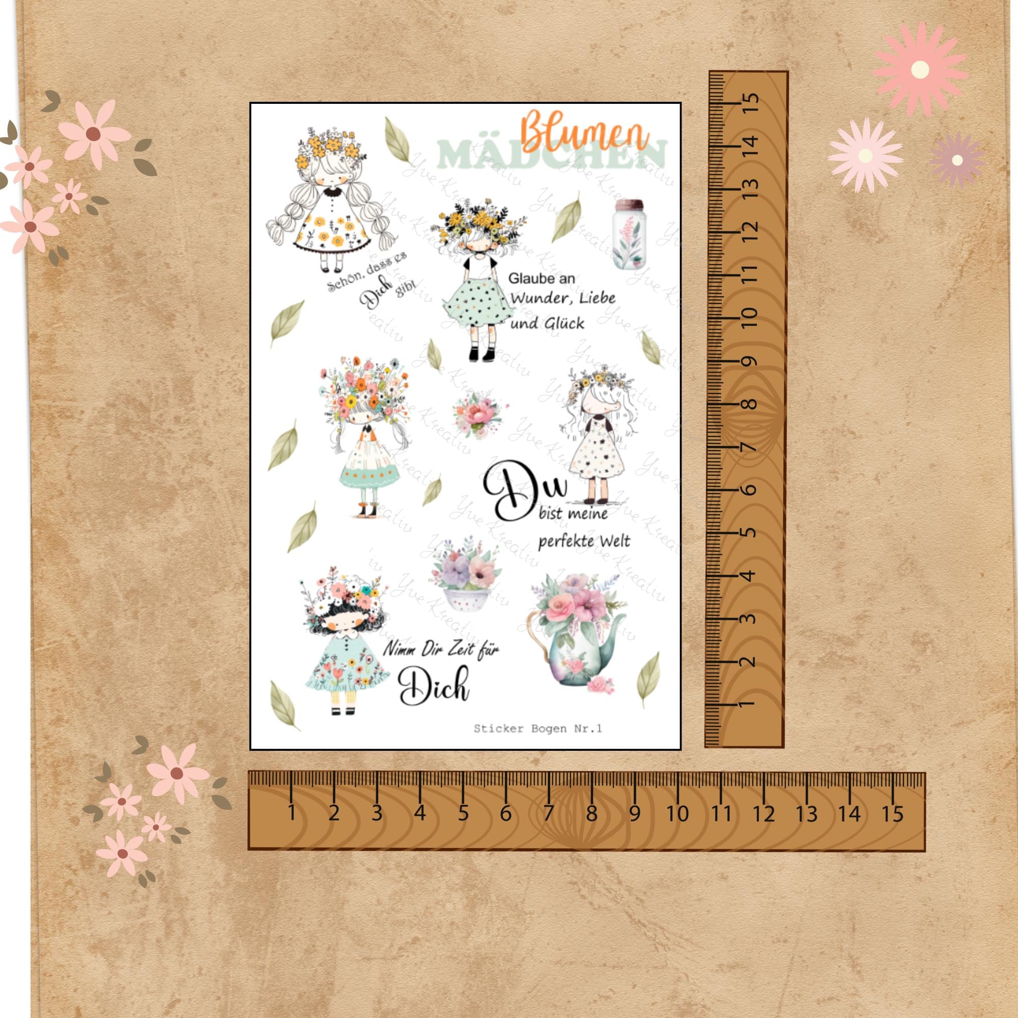 Aufkleber Blumenmädchen Sticker Bogen Blumen Stickerbogen Motivation 3 Bögen zur Auswahl in Weiß - Transparent - Matt - Glanz #SBA6