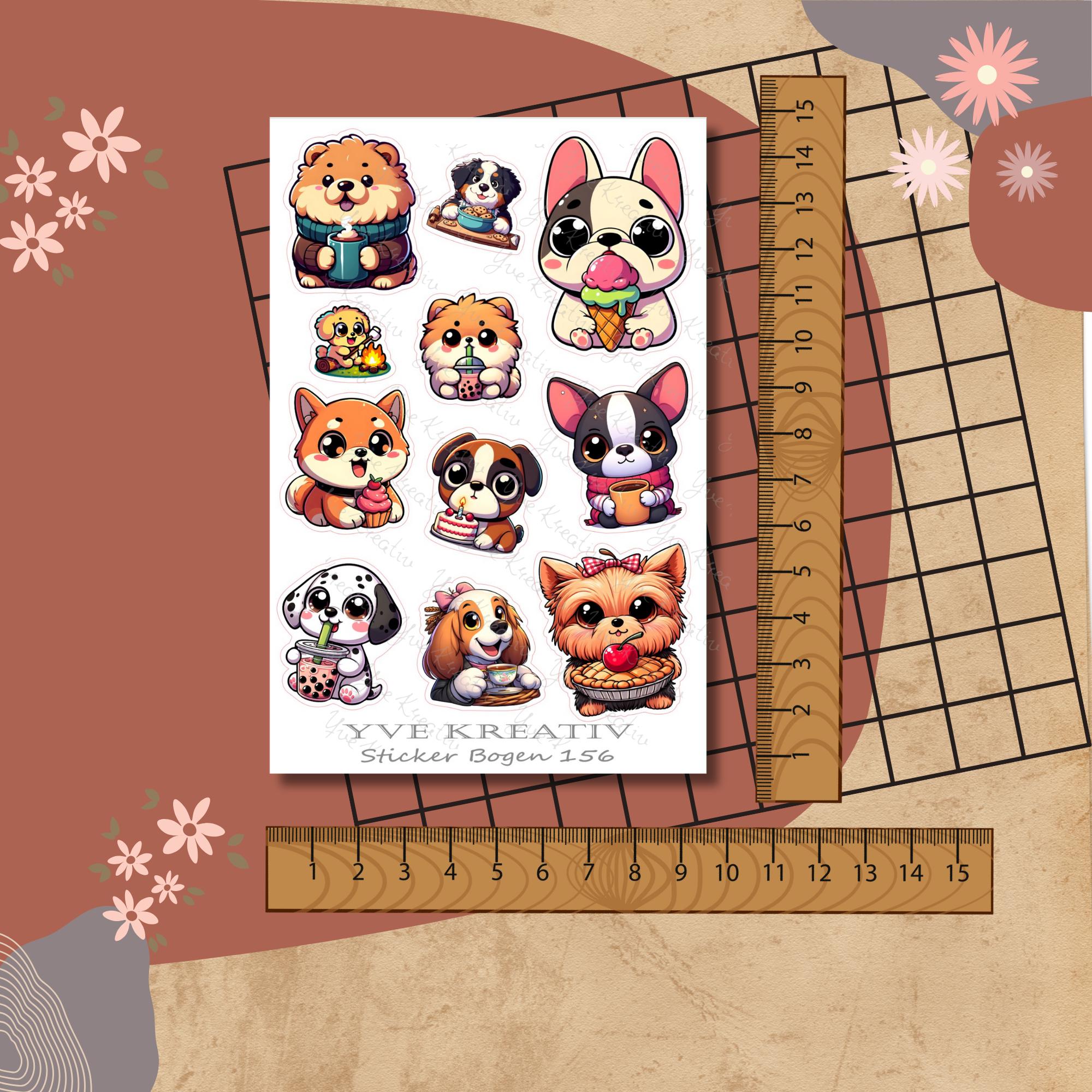 Aufkleber, Sticker Bogen, Hunde, Kawaii Dogs| Sticker Set - 3 Stickerbogen zur Auswahl in Weiß - Transparent - Matt - Glanz #SBA6