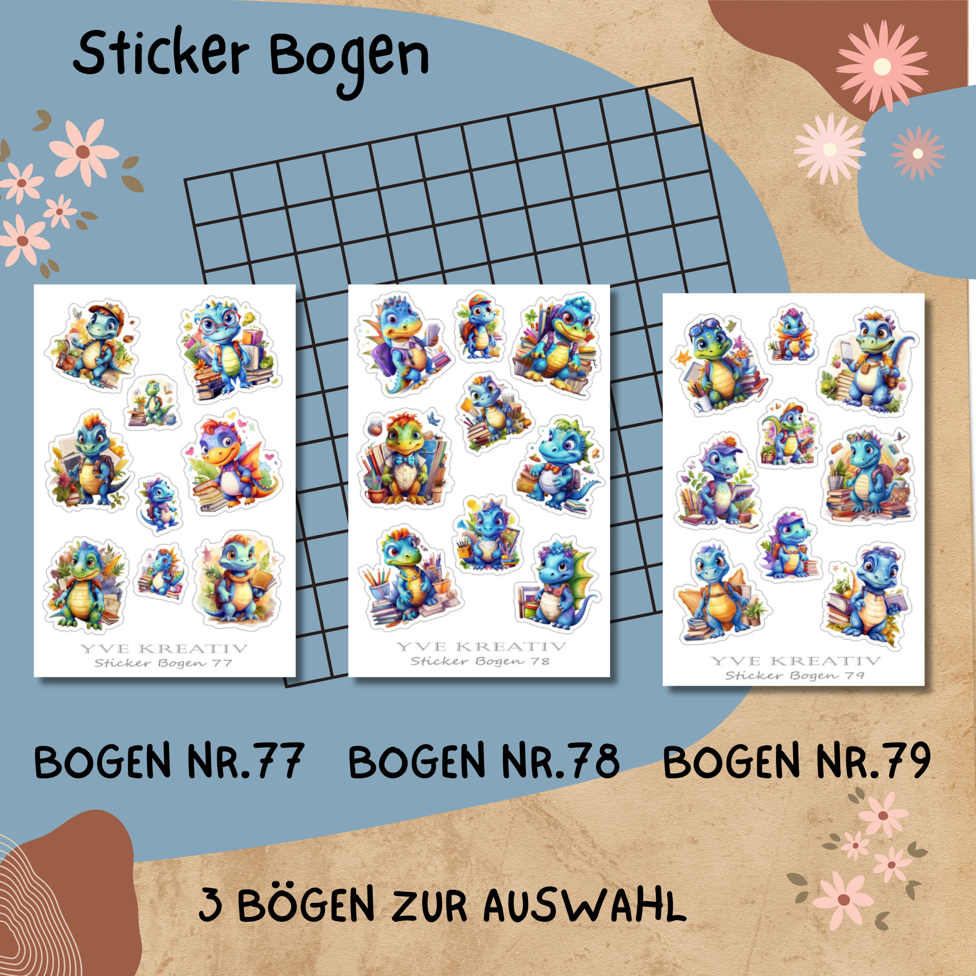 Sticker Bogen, Aufkleber - Schule, Einschulung, Dinos, Dinosaurier | Set - 3 Stickerbogen zur Auswahl in Weiß - Transparent #SBA6