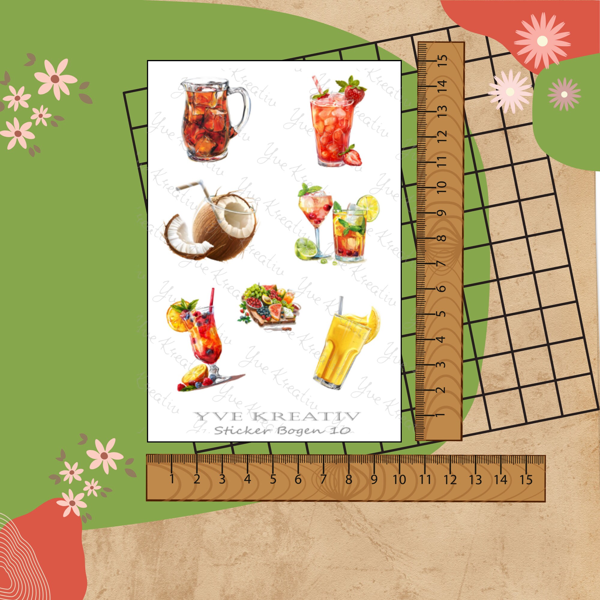 Sticker Bogen " Sommer Cocktail Party " | Sticker Set - Aufkleber 3 Stickerbogen zur Auswahl in Weiß - Transparent - Matt - Glanz  #SBA6