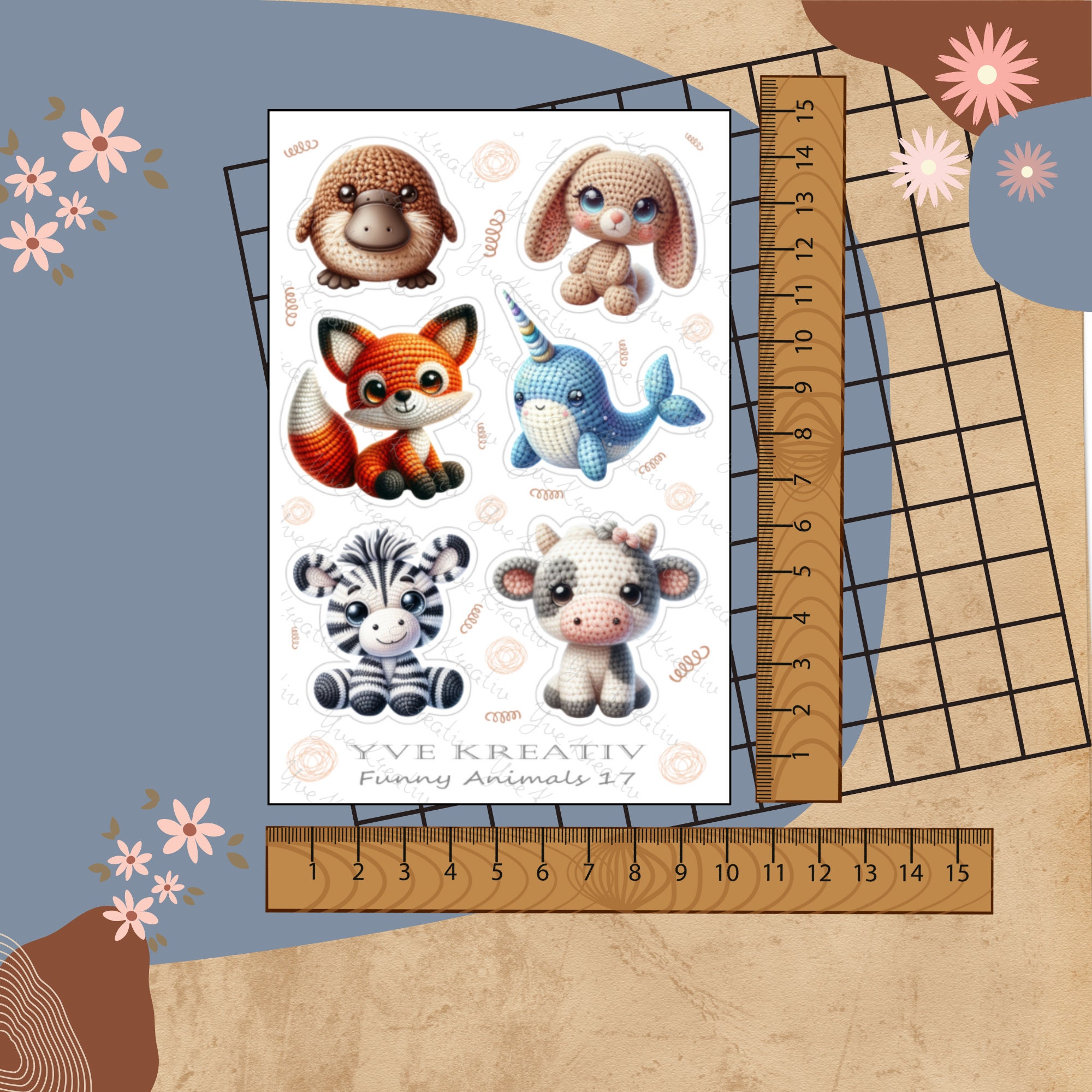 Aufkleber, Sticker Bogen, Häkeltiere, Funny Animals, Sticker Set - 2 Stickerbogen zur Auswahl in Weiß - Transparent - Matt - Glanz#SBA6