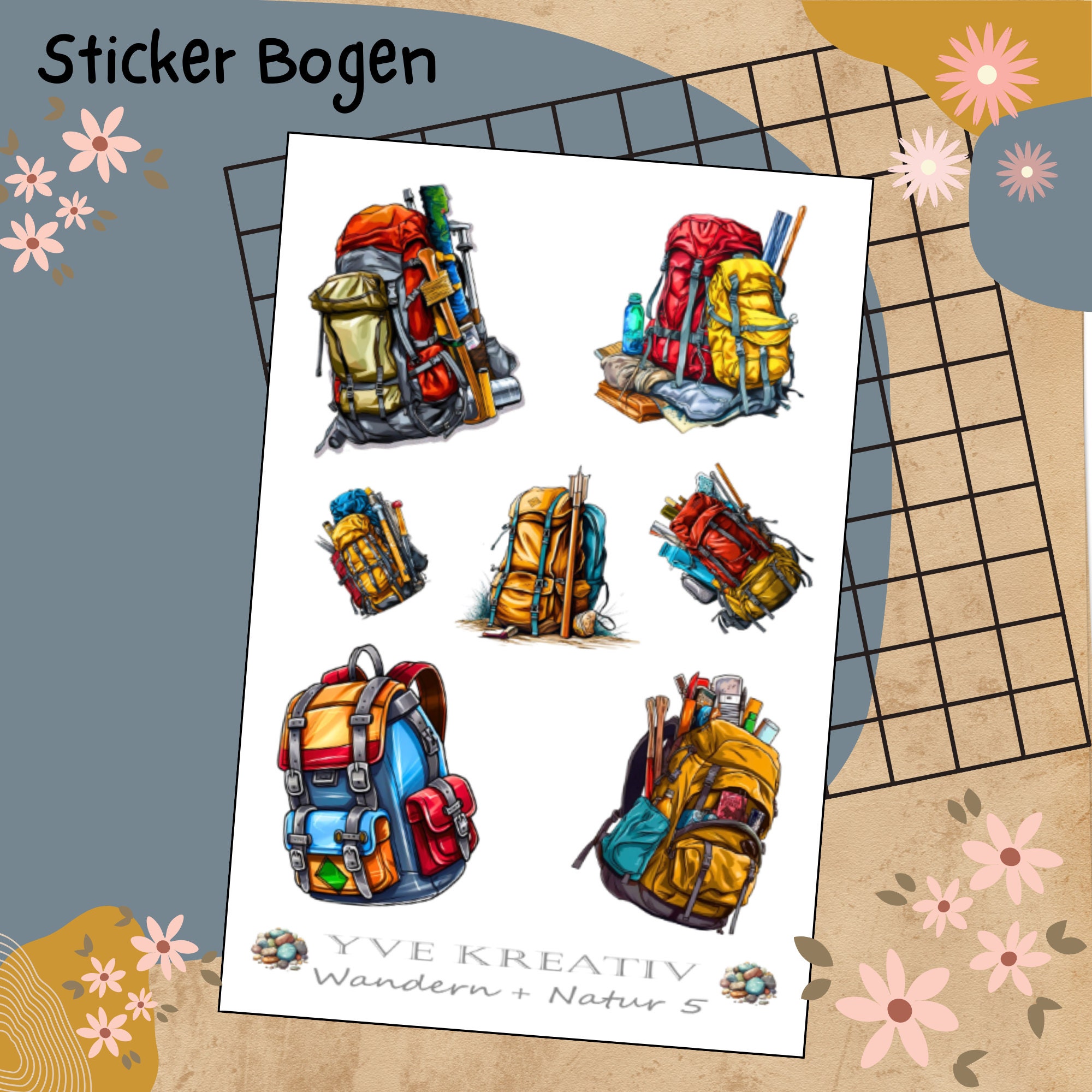 Sticker Bogen "Wandern Rucksack" | 7 Aufkleber Sticker Set  -  Weiß - Transparent - Matt - Glanz Stickerbogen