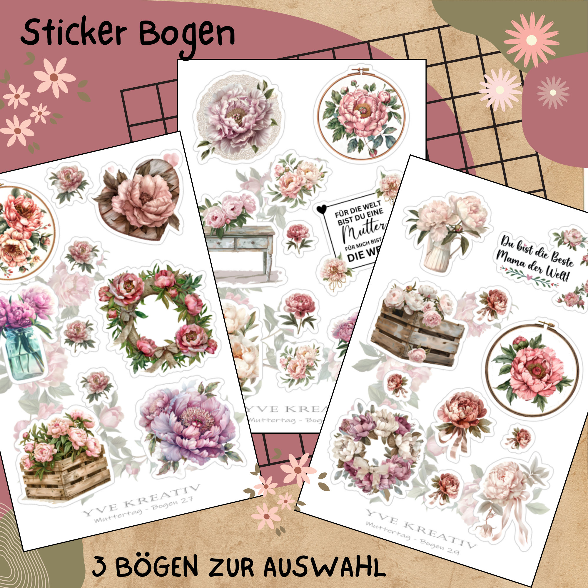 Sticker Bogen " Muttertag Nostalgie Pfingstrose " | Sticker Set - Aufkleber 3 Stickerbogen zur Auswahl in Weiß - Transparent - Matt - Glanz