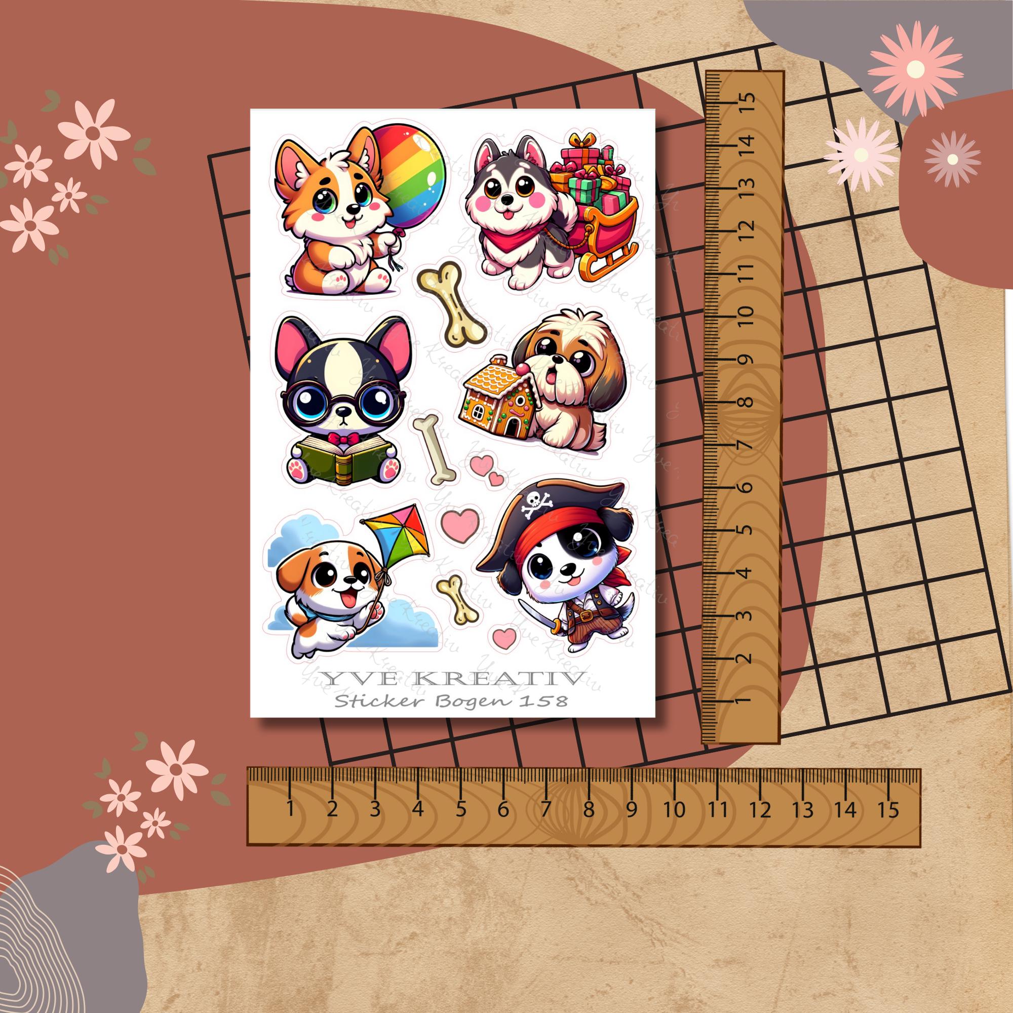 Aufkleber, Sticker Bogen, Hunde, Kawaii Dogs| Sticker Set - 3 Stickerbogen zur Auswahl in Weiß - Transparent - Matt - Glanz #SBA6