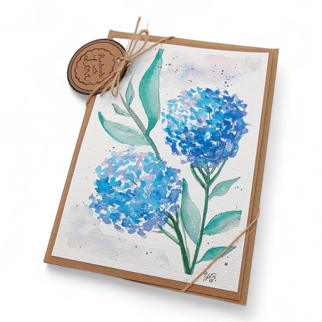 Grußkarte Glückwunschkarte mit Aquarell handbemalt " Hortensie Blume " für Geldgeschenke Gutscheine