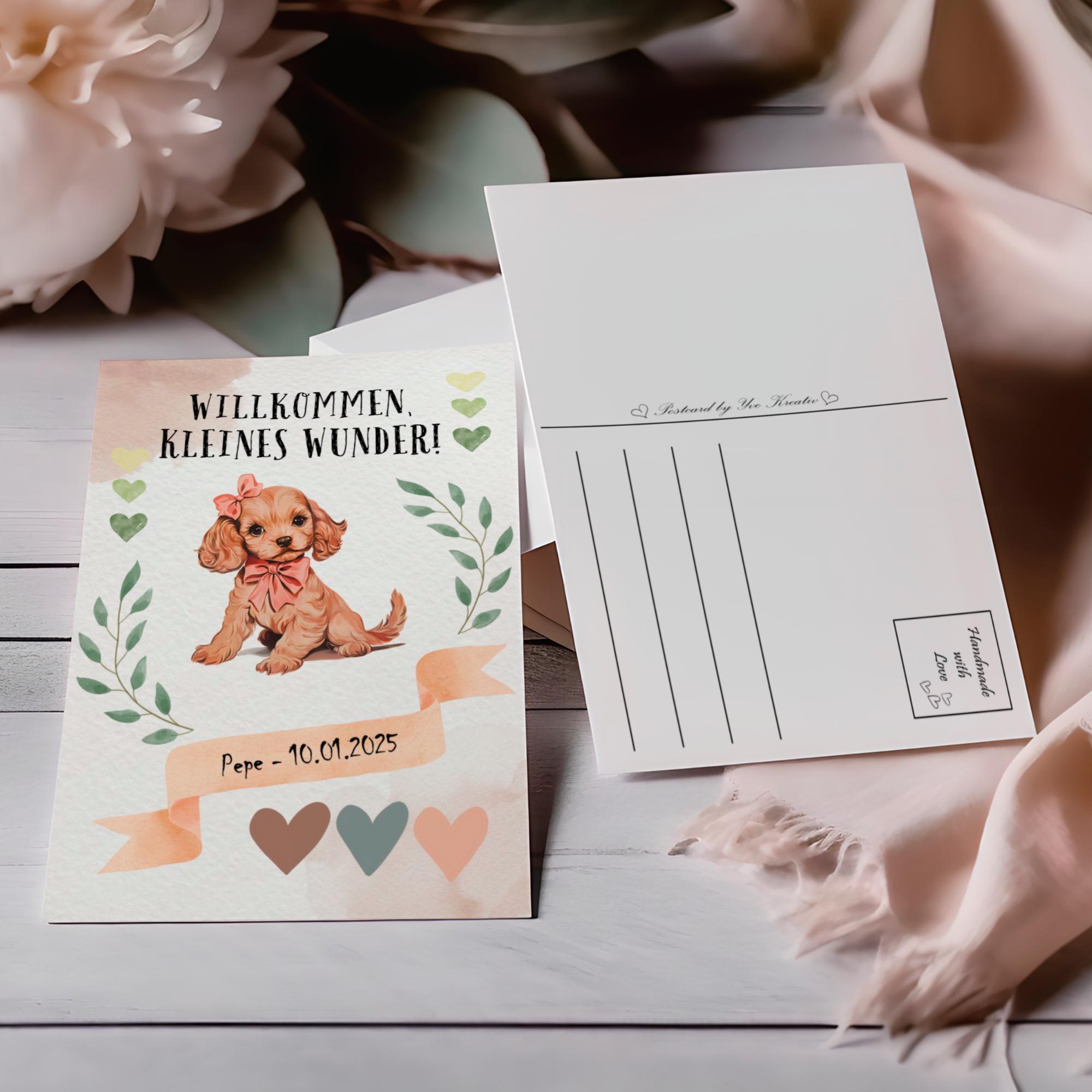 Postkarte zur Geburt personalisierbar, Karte mit Hund, Grußkarte Willkommen kleines Wunder in DIN A6 auf Papier mit Leinenstruktur #PLS