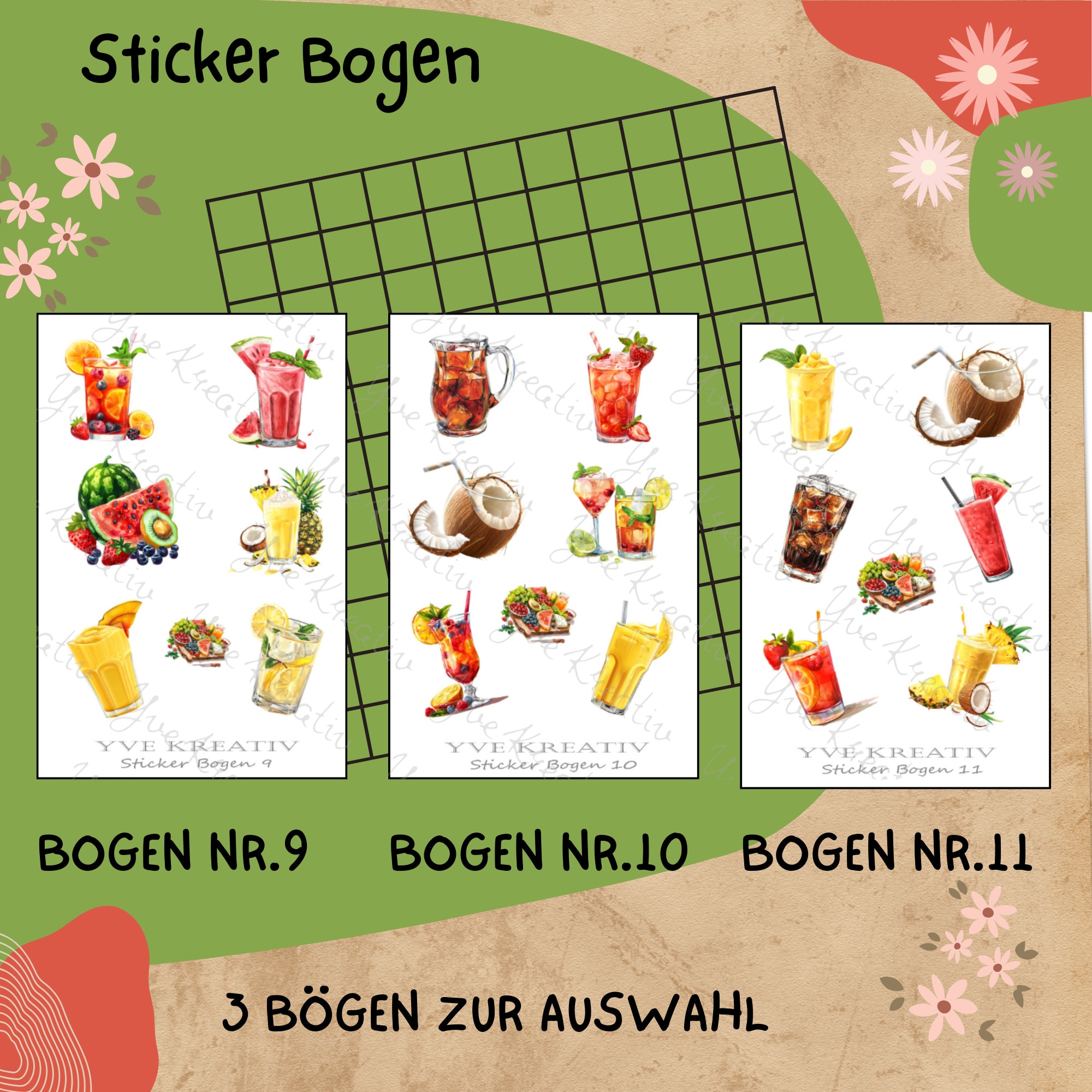 Sticker Bogen " Sommer Cocktail Party " | Sticker Set - Aufkleber 3 Stickerbogen zur Auswahl in Weiß - Transparent - Matt - Glanz  #SBA6