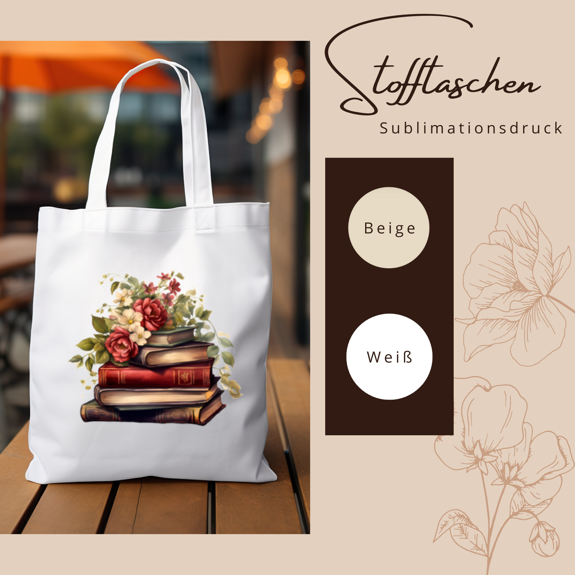 Stofftasche, Stoffbeutel, "Bücher, Lesen, Romantik", Einkaufstasche, Tasche, Geschenk zum Muttertag, Geburtstag, in Weiß oder Beige  #STSUB