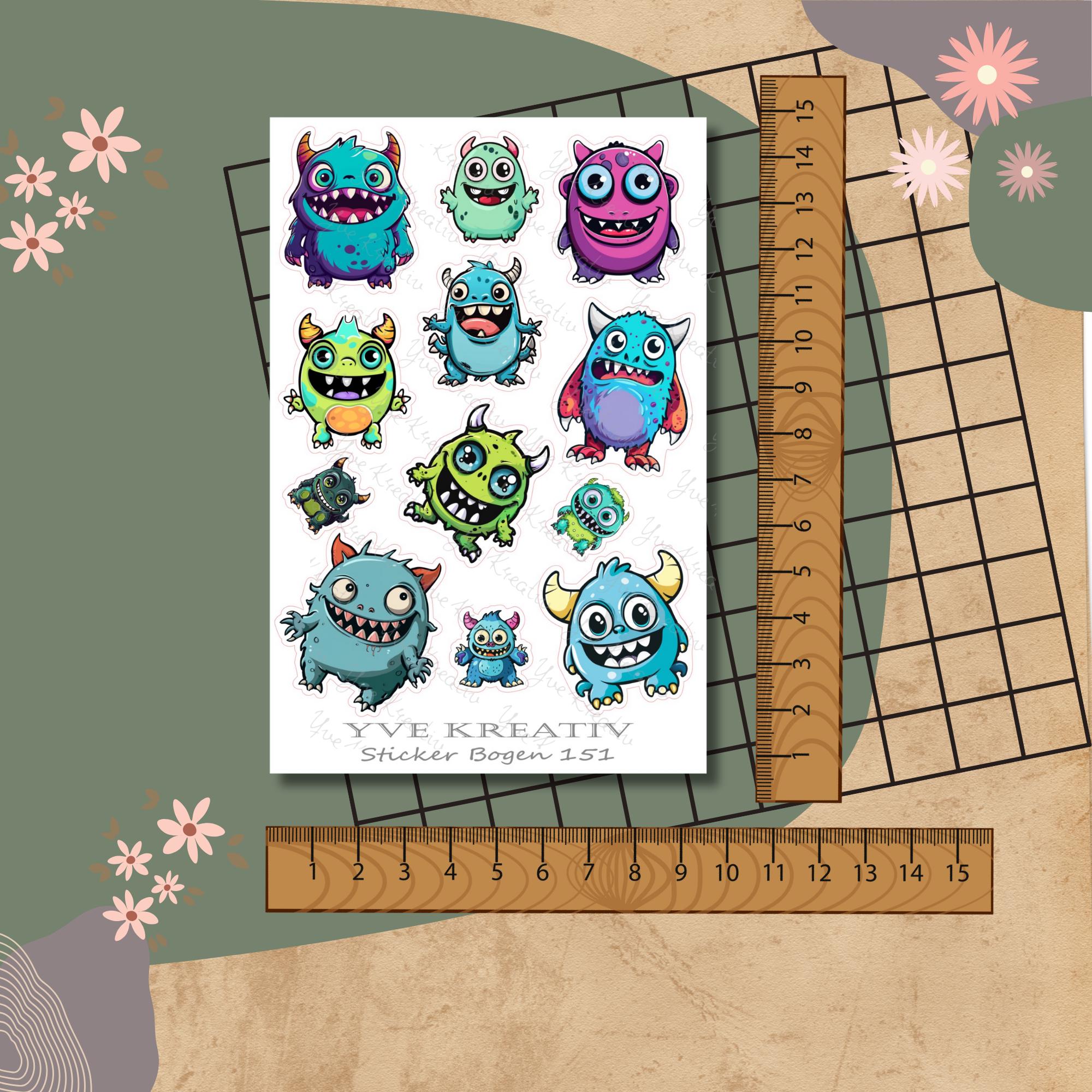 Stickerbogen, Aufkleber I lustige Monster, Aliens | Sticker Set - 3 Bögen zur Auswahl in Weiß - Transparent - Matt - Glanz  #SBA6