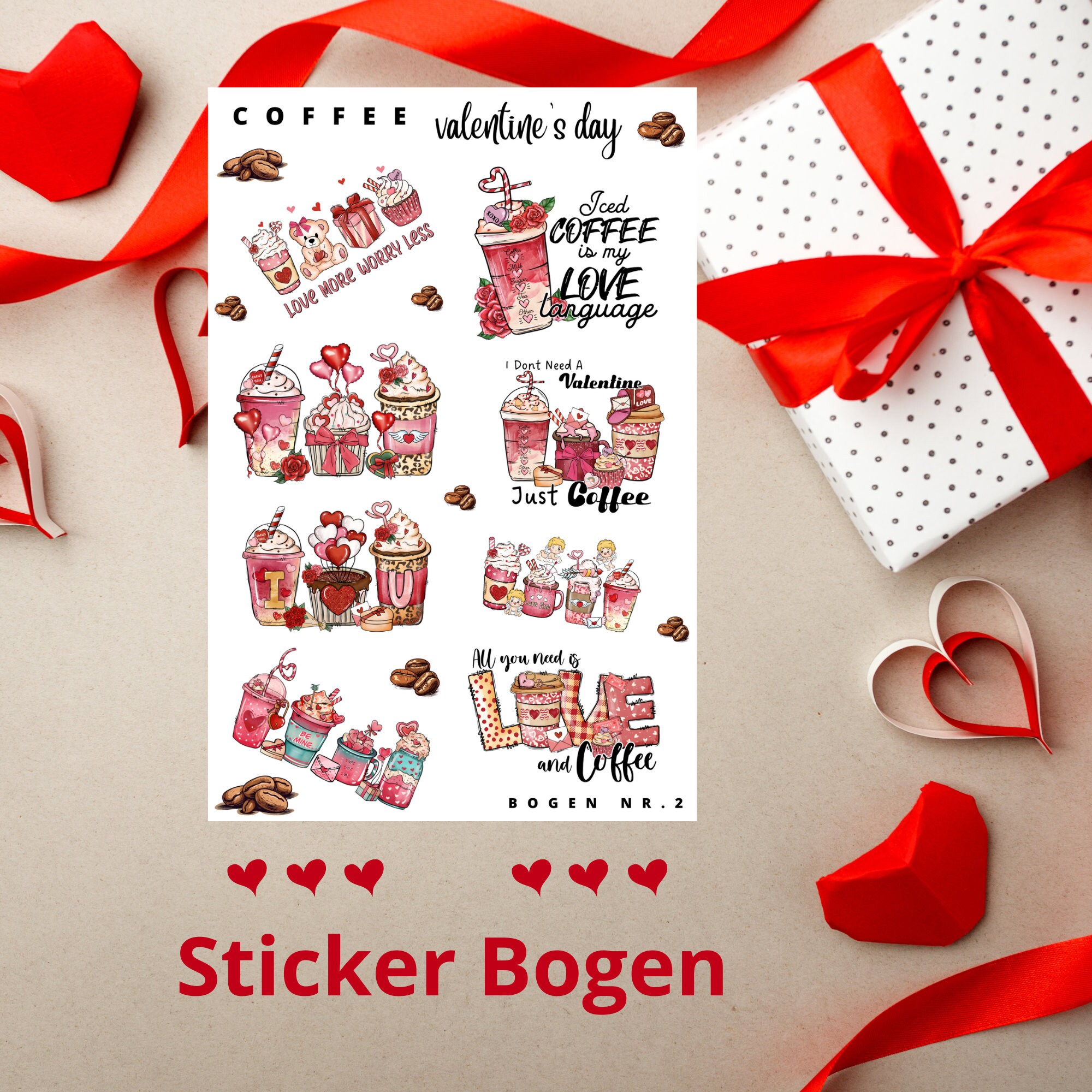 Sticker Bogen - Kaffee Valentinstag | Sticker Set - Journal Sticker - Aufkleber Stickerbogen 
