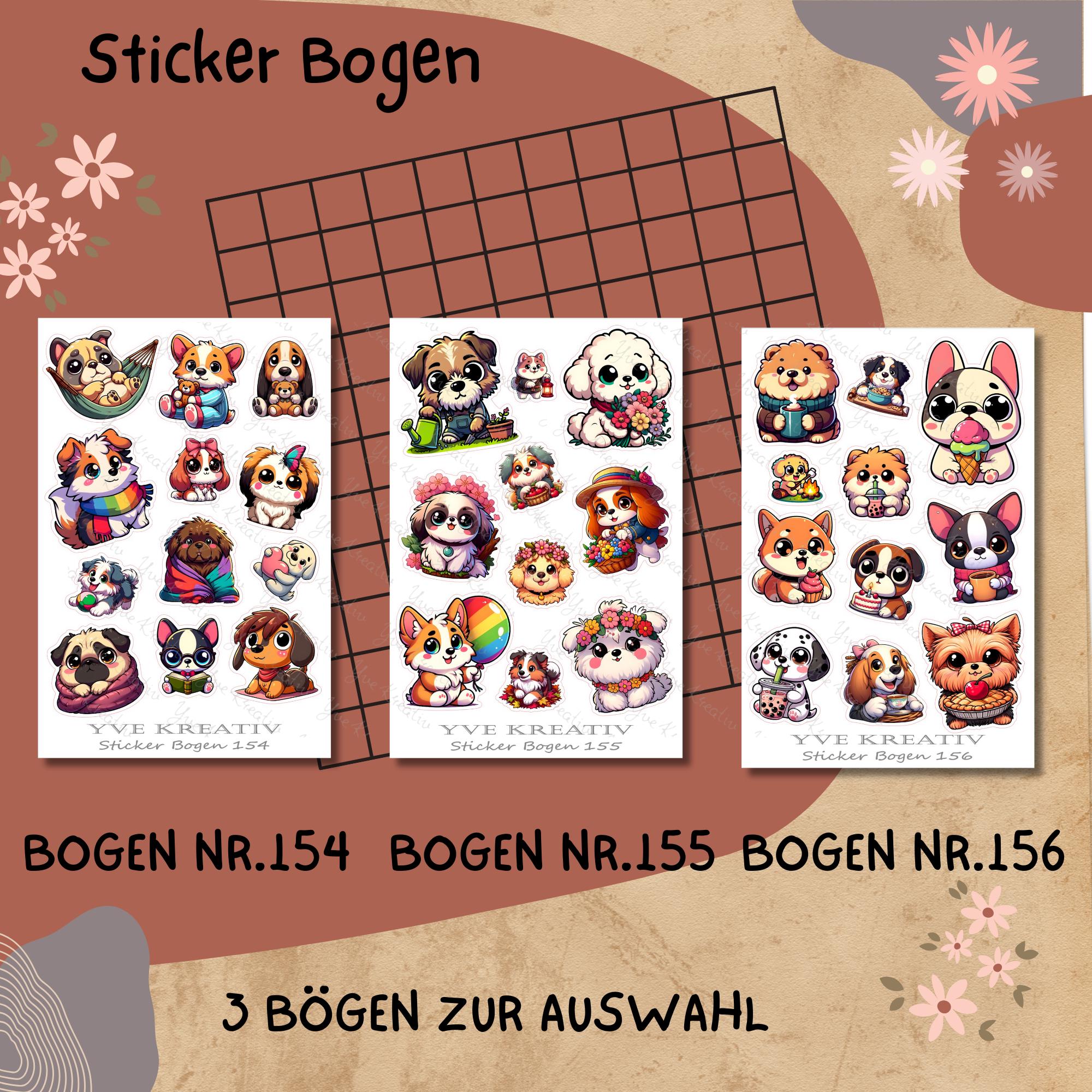 Aufkleber, Sticker Bogen, Hunde, Kawaii Dogs| Sticker Set - 3 Stickerbogen zur Auswahl in Weiß - Transparent - Matt - Glanz #SBA6