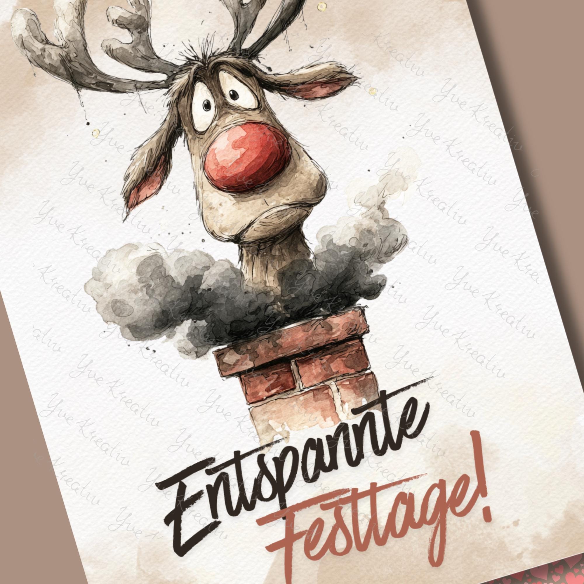 Postkarte Lustigers Rentier Grußkarte Karte zu Weihnachten Weihnachtskarte Geschenkkarte Leinenstruktur Karte A6 #PWE199