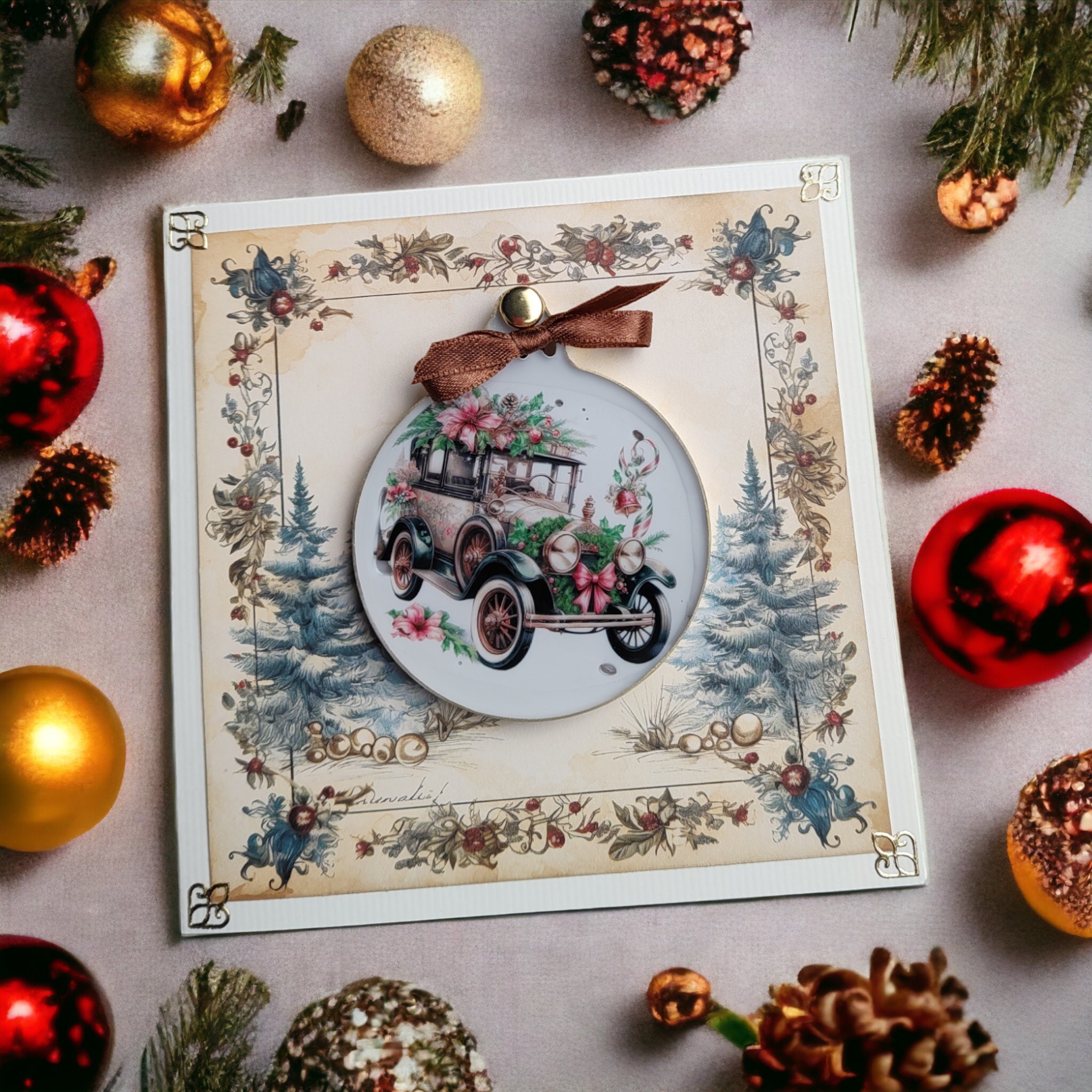 Weihnachtskugel Weihnachtsschmuck Baumanhänger Christmas Ornaments auf einer Weihnachtskarte inkl. Kuvert