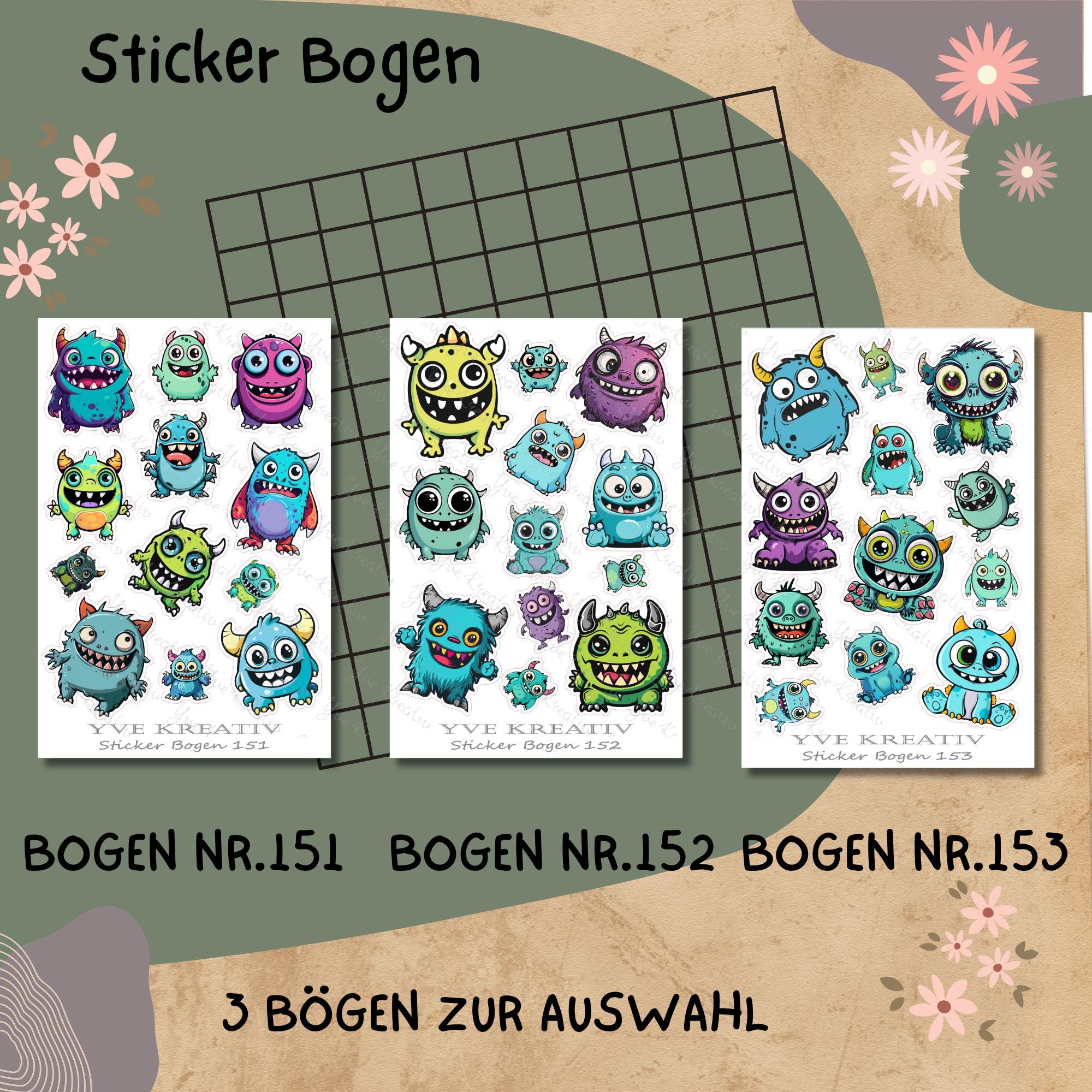 Stickerbogen, Aufkleber I lustige Monster, Aliens | Sticker Set - 3 Bögen zur Auswahl in Weiß - Transparent - Matt - Glanz  #SBA6