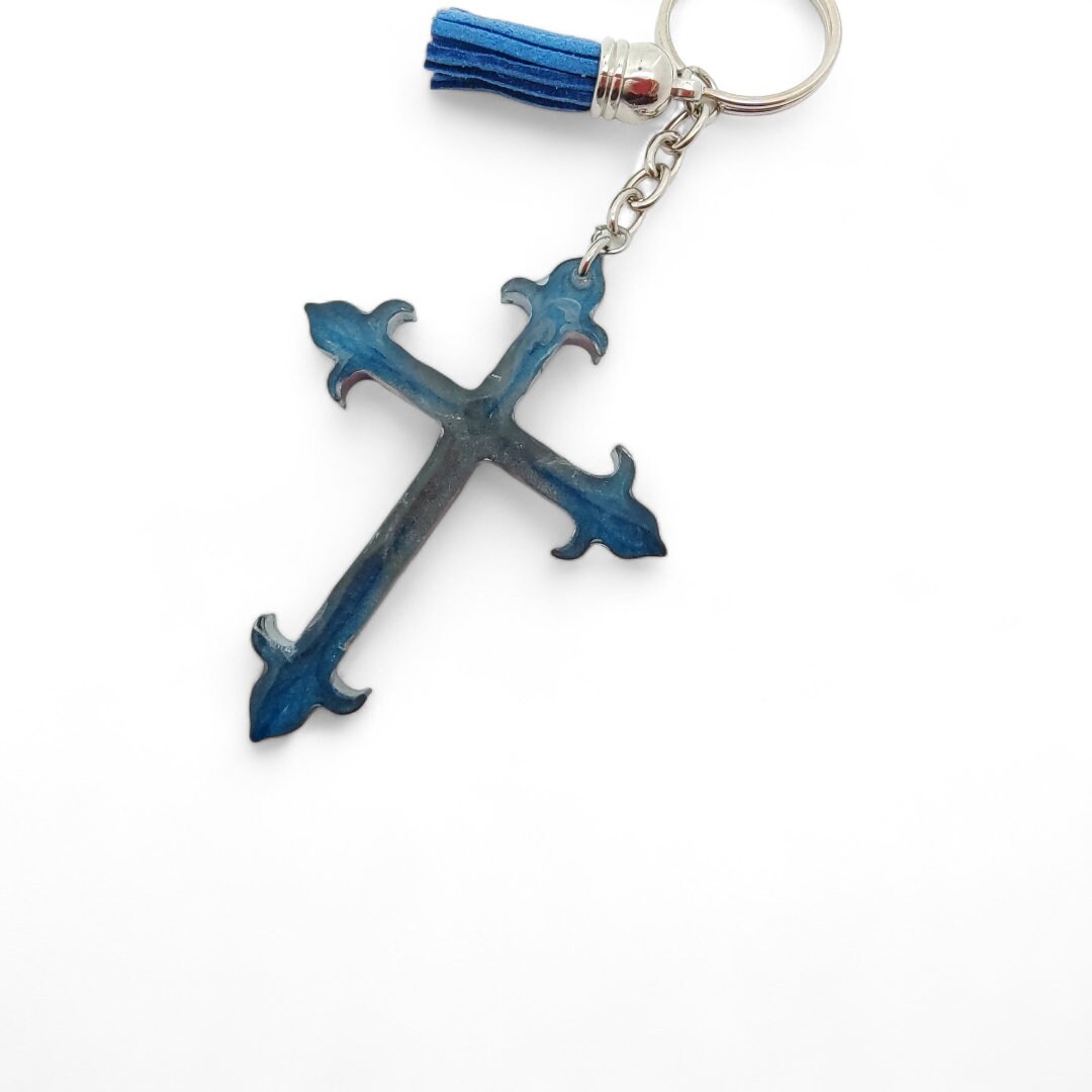Schlüsselanhänger Kreuz aus Epoxidharz mit einer kleinen Quaste Geschenk Kommunion Konfirmation  #1673905249