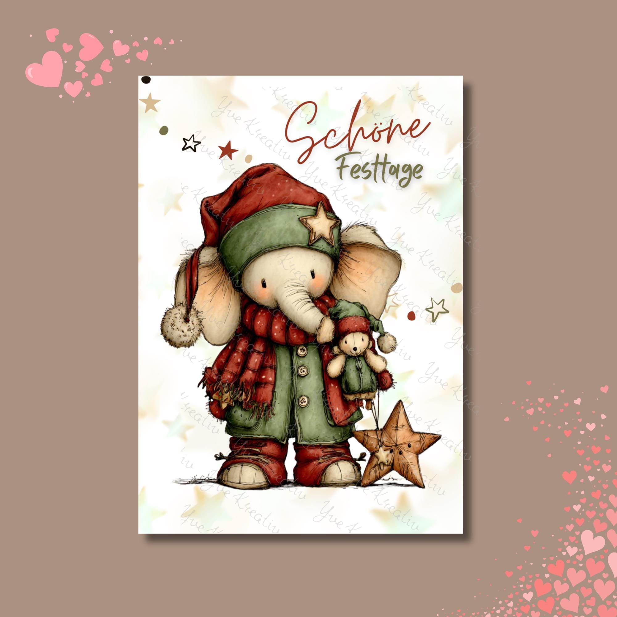 Postkarte niedlicher Weinachts Elefant Grußkarte Karte zu Weihnachten Weihnachtskarte Geschenkkarte Leinenstruktur Karte A6 #PWE184