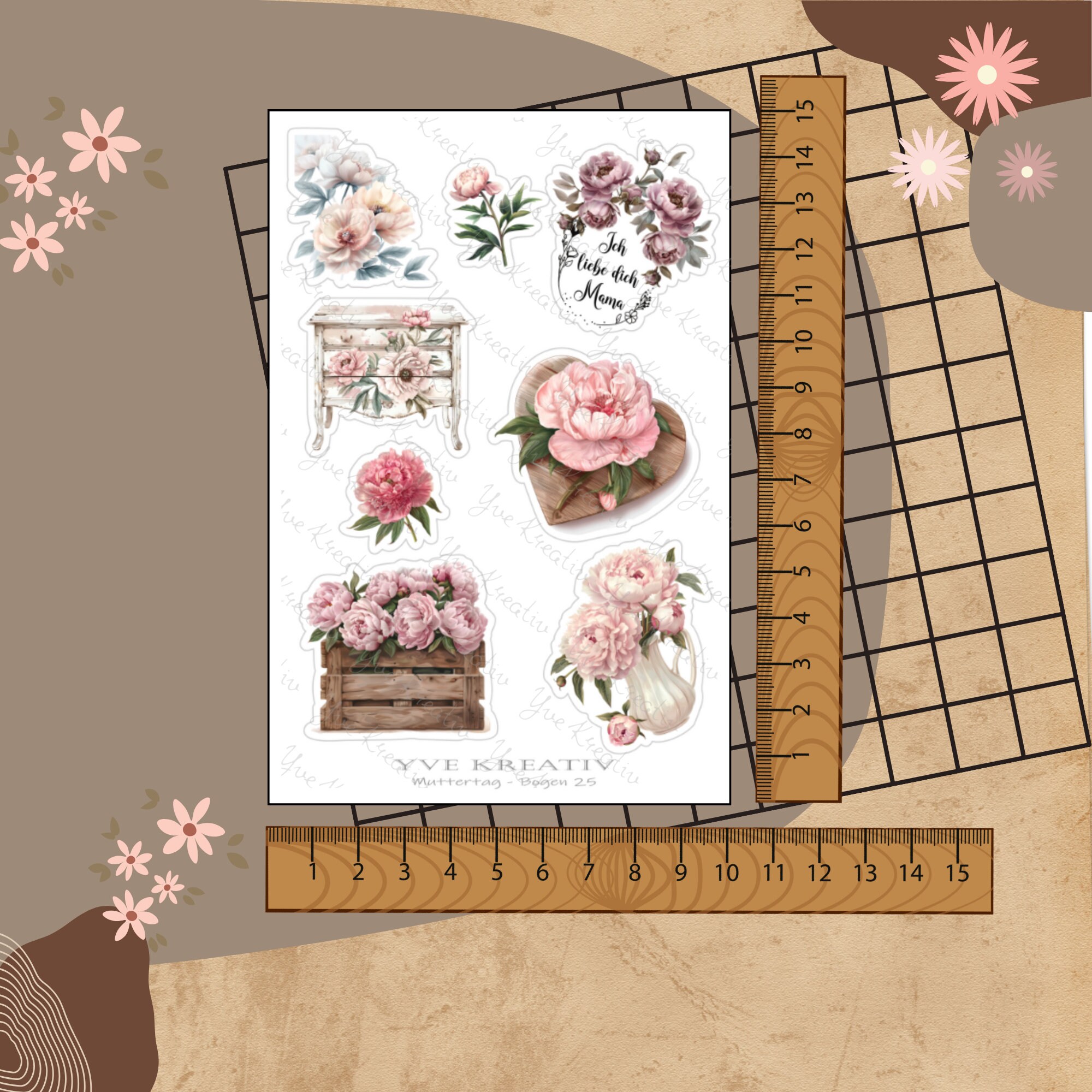 Sticker Aufkleber " Muttertag Nostalgie Pfingstrose " | Sticker Set - 3 Stickerbogen zur Auswahl in Weiß - Transparent - Matt - Glanz #SBA6