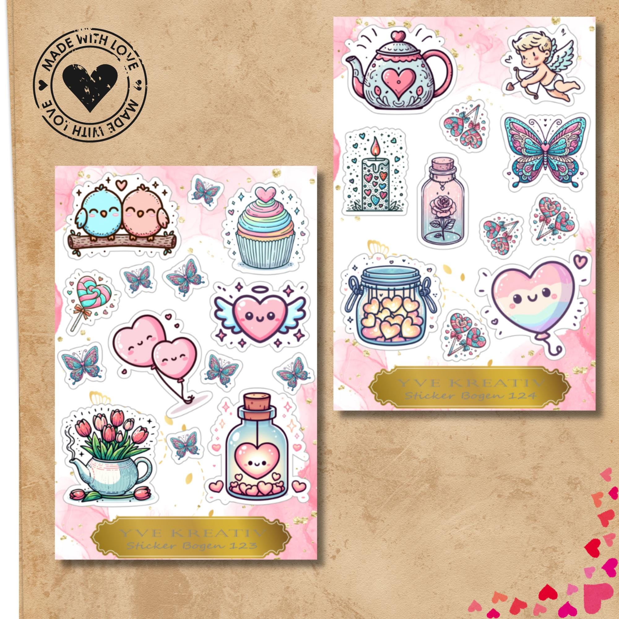 Aufkleber Bogen " Love Valentinstag" | Sticker Set - Aufkleber 2 Stickerbogen zur Auswahl in Weiß - Transparent - Matt - Glanz  #SBA6