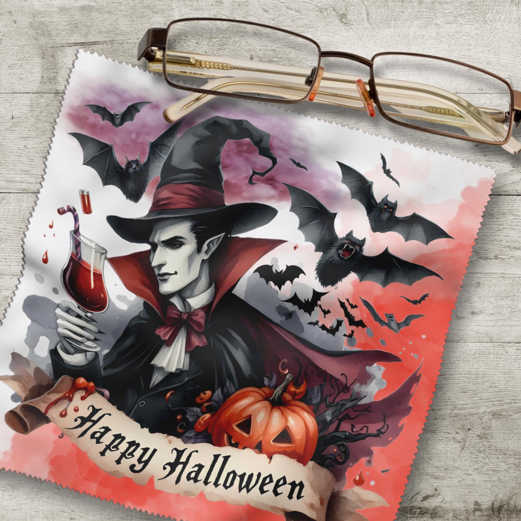 Brillenputztuch Happy Halloween bedrucktes Mikrofasertuch für Sonnenbrille Displays Handy Grusel Geschenk Vampire Mitbringsel #SA6