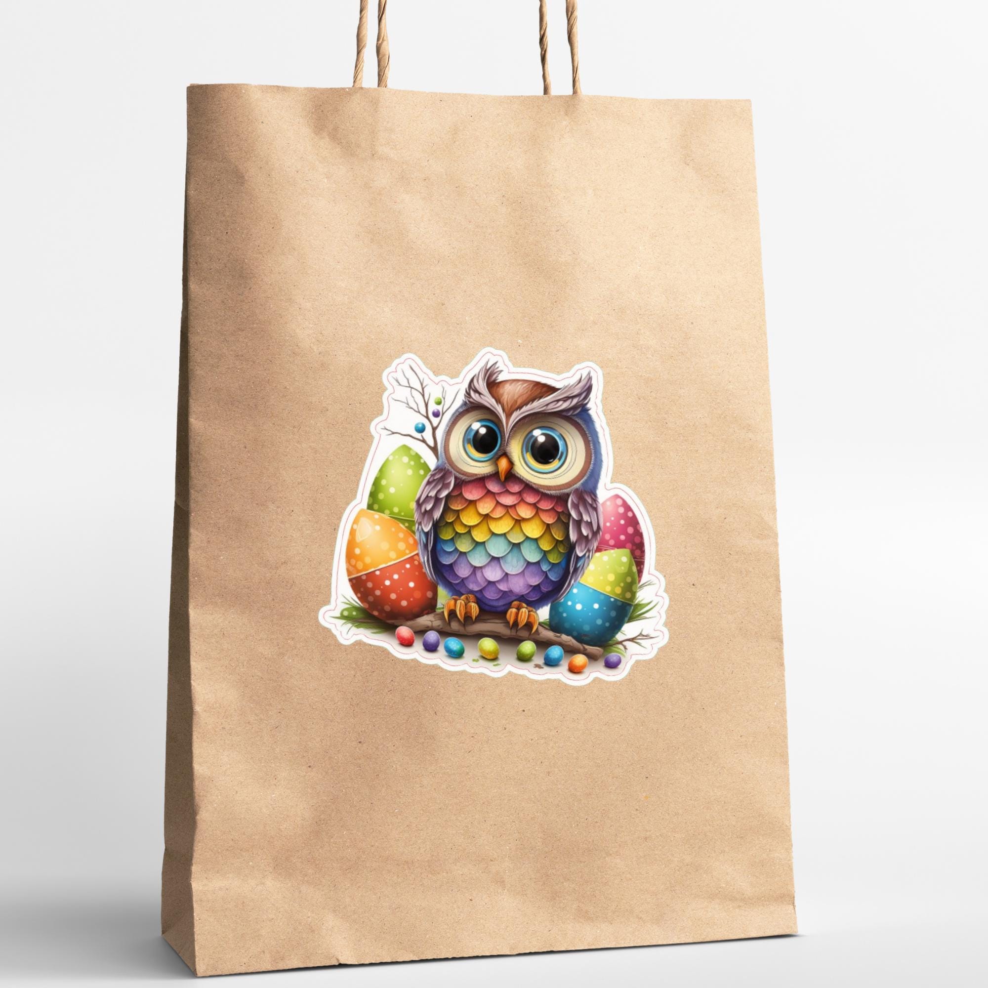 Aufkleber Ostern großer 8 cm Sticker Regenbogen Eule Deko Geschenkaufkleber - zur Auswahl in Weiß oder Transparent  #SEG8