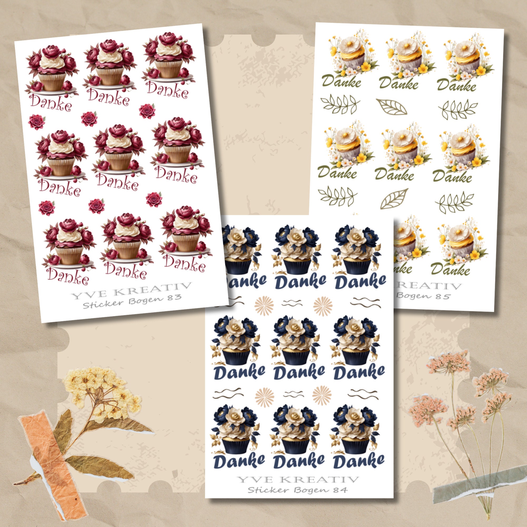 Sticker Bogen, Aufkleber, Cupcake, Muffin, Danke | Sticker Set - 3 Stickerbogen zur Auswahl in Weiß - Transparent - Matt - Glanz  #SBA6