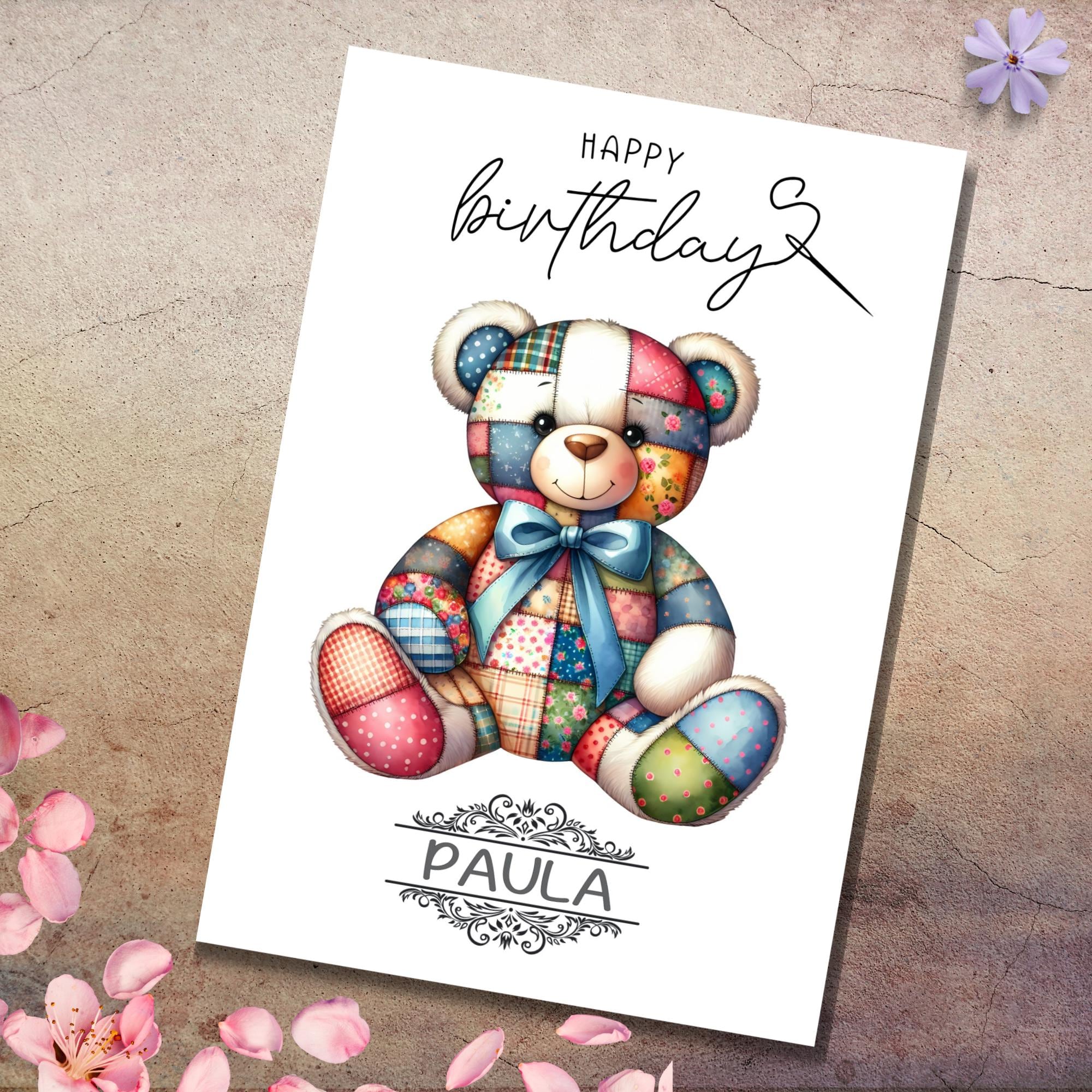 Postkarte personalisiert mit Namen Grußkarte Happy Birthday Karte Geburtstag Geburtstagskarte I Patchwork Teddy Bär #PHO