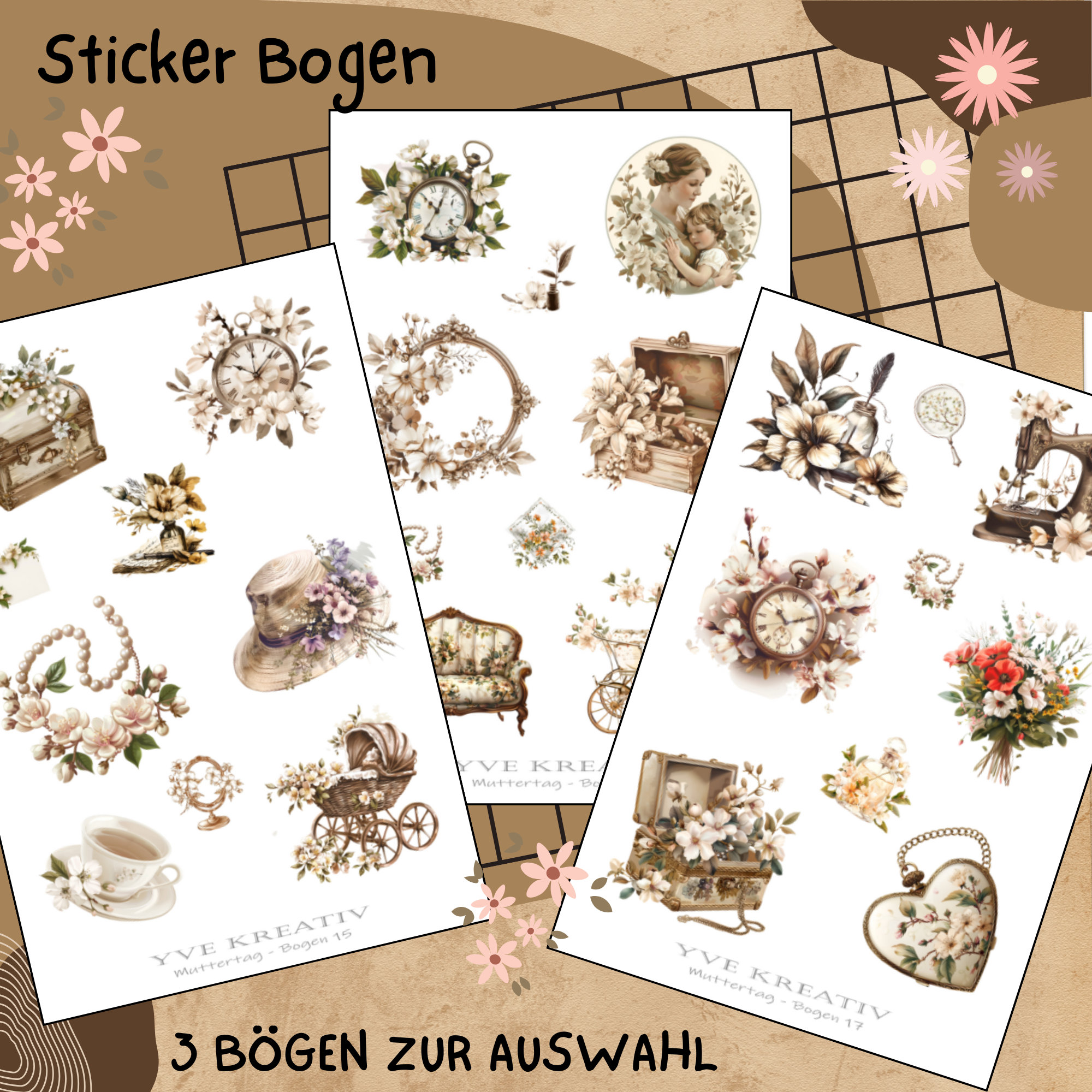 Sticker Bogen " Muttertag Nostalgie Vintage " | Sticker Set - Aufkleber 3 Stickerbogen zur Auswahl in Weiß - Transparent - Matt - Glanz