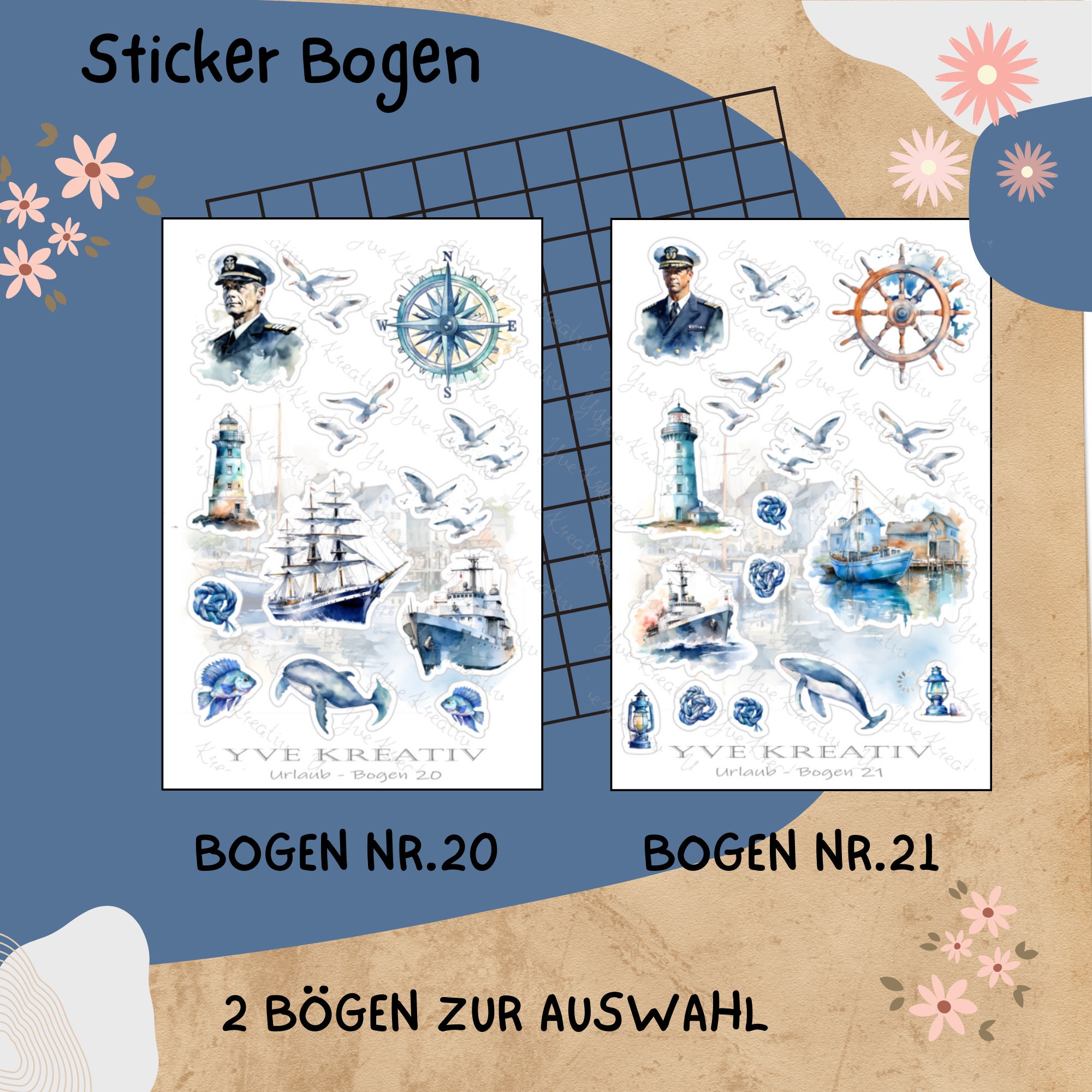 Sticker Bogen " Maritim Meer Urlaub Reisen " | Set - Aufkleber 2 Stickerbögen zur Auswahl in Weiß - Transparent - Matt - Glanz