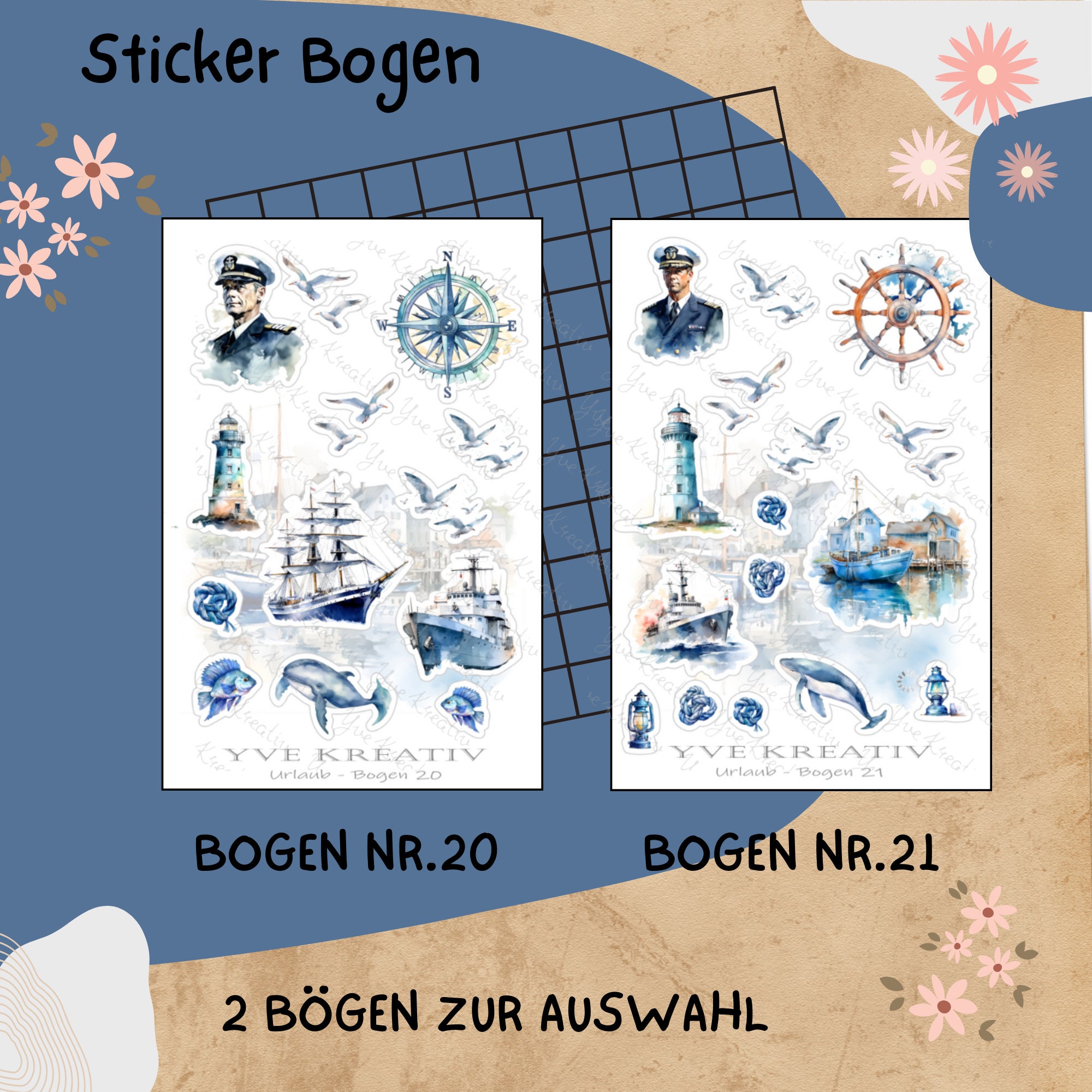 Sticker Bogen " Maritim Meer Urlaub Reisen " | Set - Aufkleber 2 Stickerbögen zur Auswahl in Weiß - Transparent - Matt - Glanz  #SBA6