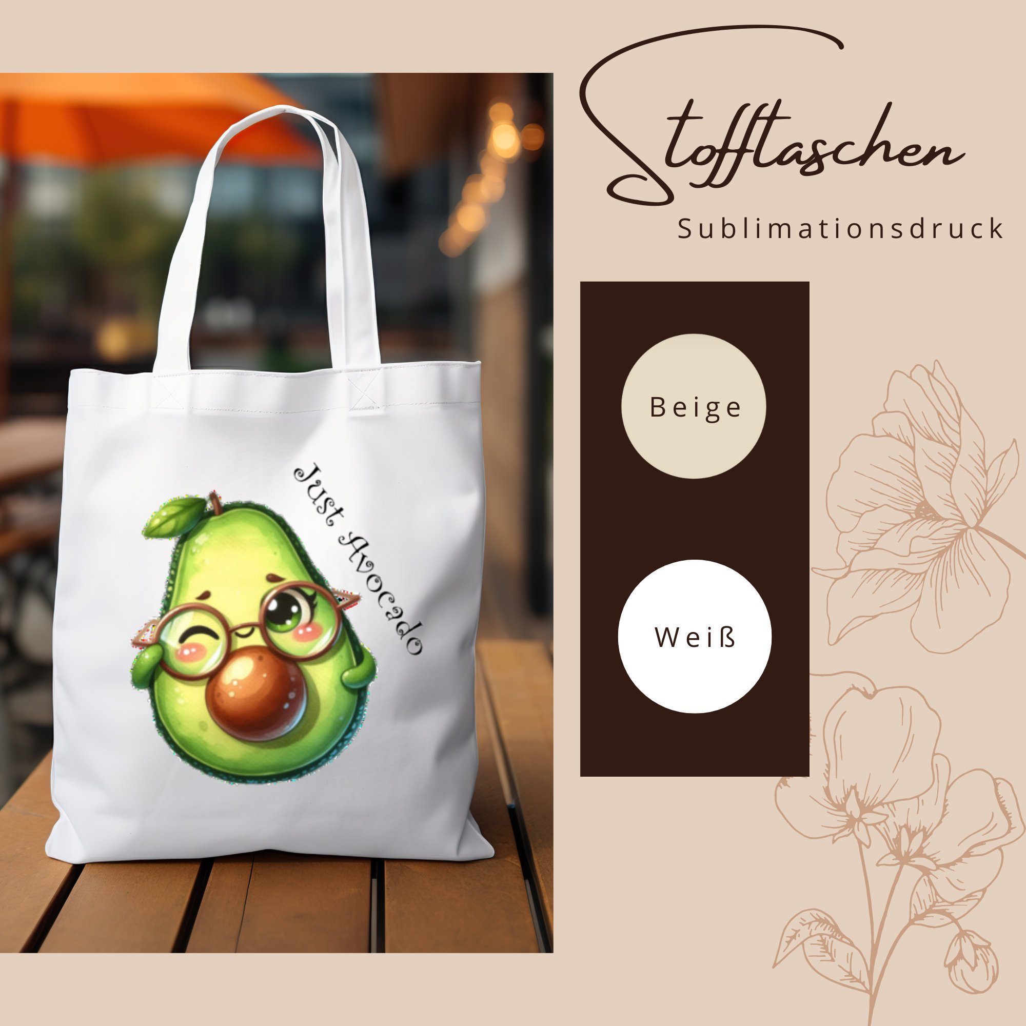 Stofftasche, Stoffbeutel, "Avocado", Einkaufstasche, Tasche, Geschenk zum Geburtstag, in Weiß oder Beige  #STSUB