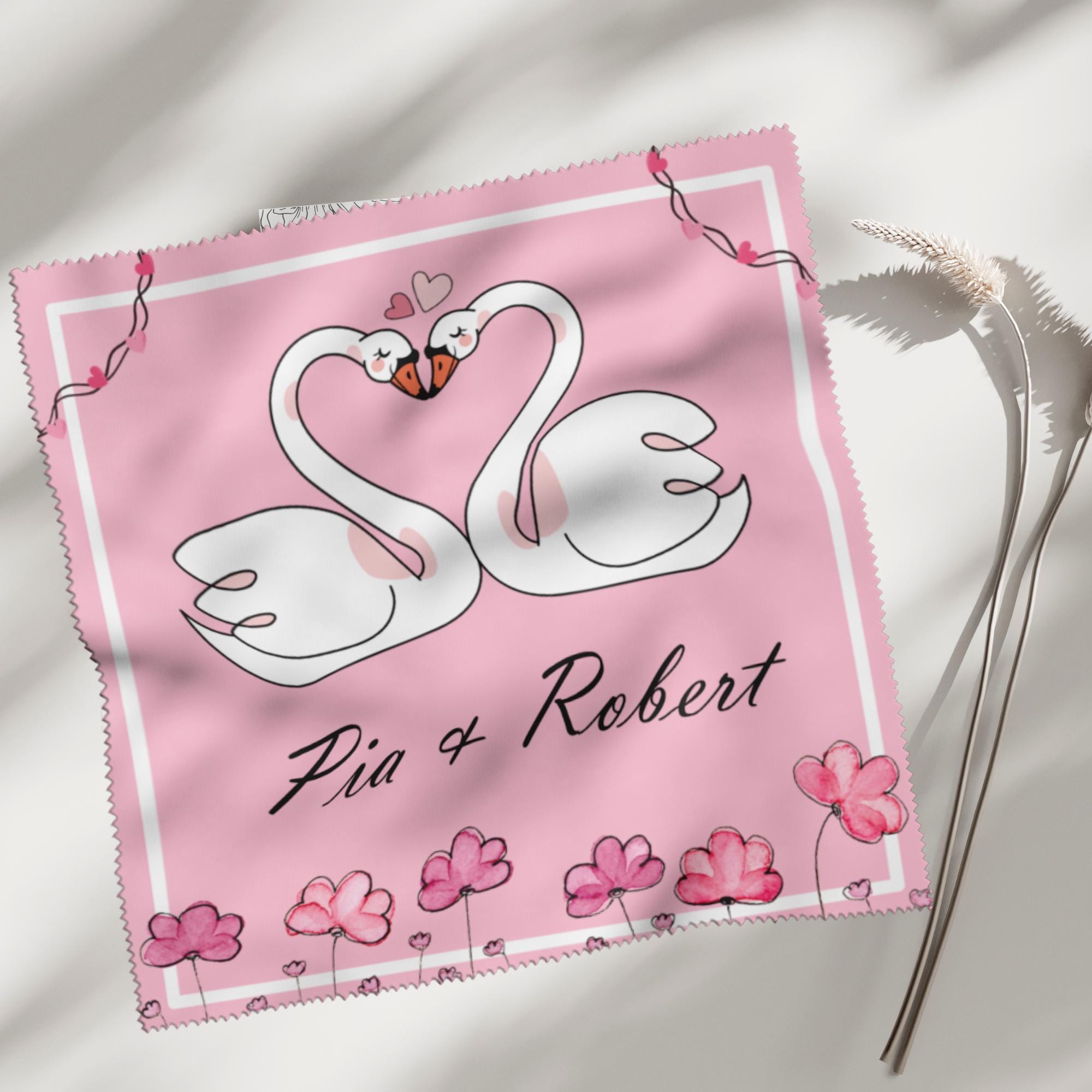 Brillenputztuch Schwäne mit Namen Verlobung Geschenk Hochzeit Paar bedrucktes Mikrofasertuch für Brillen Displays Kamera Handy #HO19P