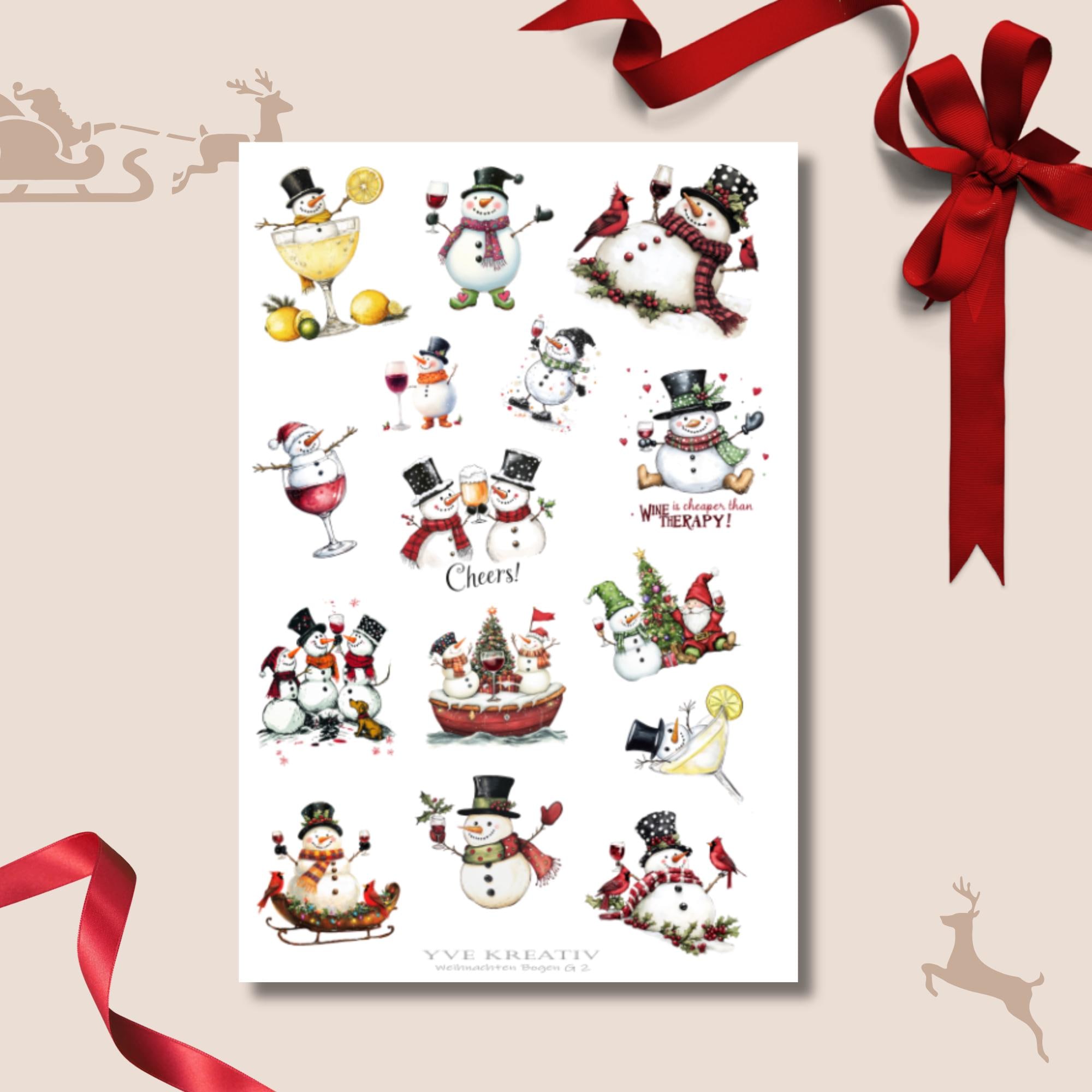 Weihnachtsaufkleber Stickerbogen 16x24 cm "Schneemann mit Wein" |  Aufkleber Sticker zur Auswahl in Weiß - Transparent - Matt - Glanz  #SBA5