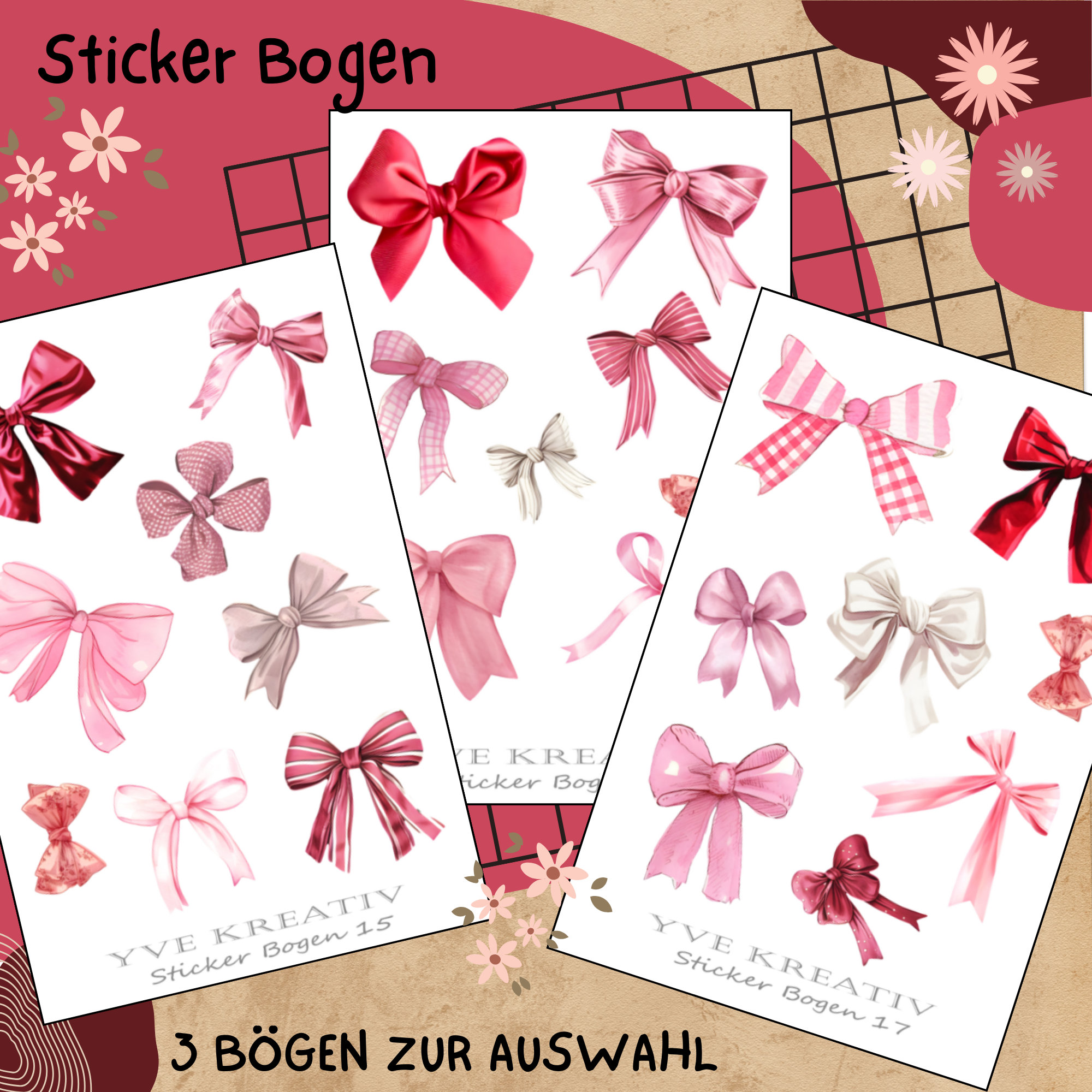 Sticker Schleifen rosa rot Aufkleber für Geschenkverpackung Set 3 Stickerbogen zur Auswahl in Weiß - Transparent - Matt - Glanz  #SBA6