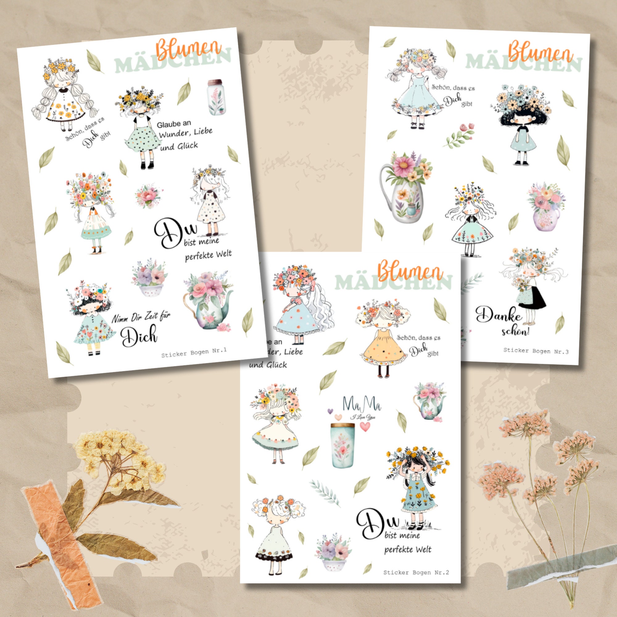 Stickerbogen Aufkleber  Stickerbogen "Blumen Mädchen" | Sticker Set - 3 Stickerbogen zur Auswahl in Weiß - Transparent - Matt - Glanz #SBA6