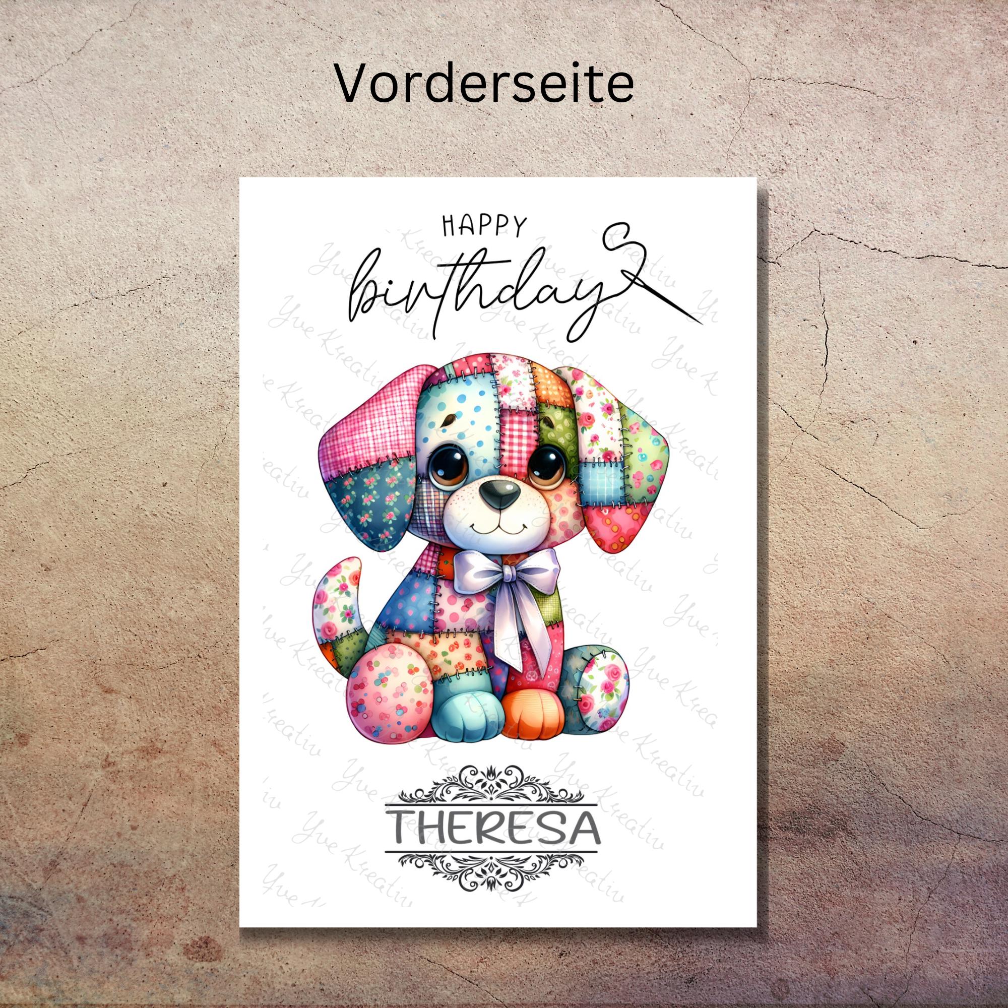 Postkarte personalisiert mit Namen Grußkarte Happy Birthday Karte Geburtstag Geburtstagskarte I Patchwork Hund #PHO