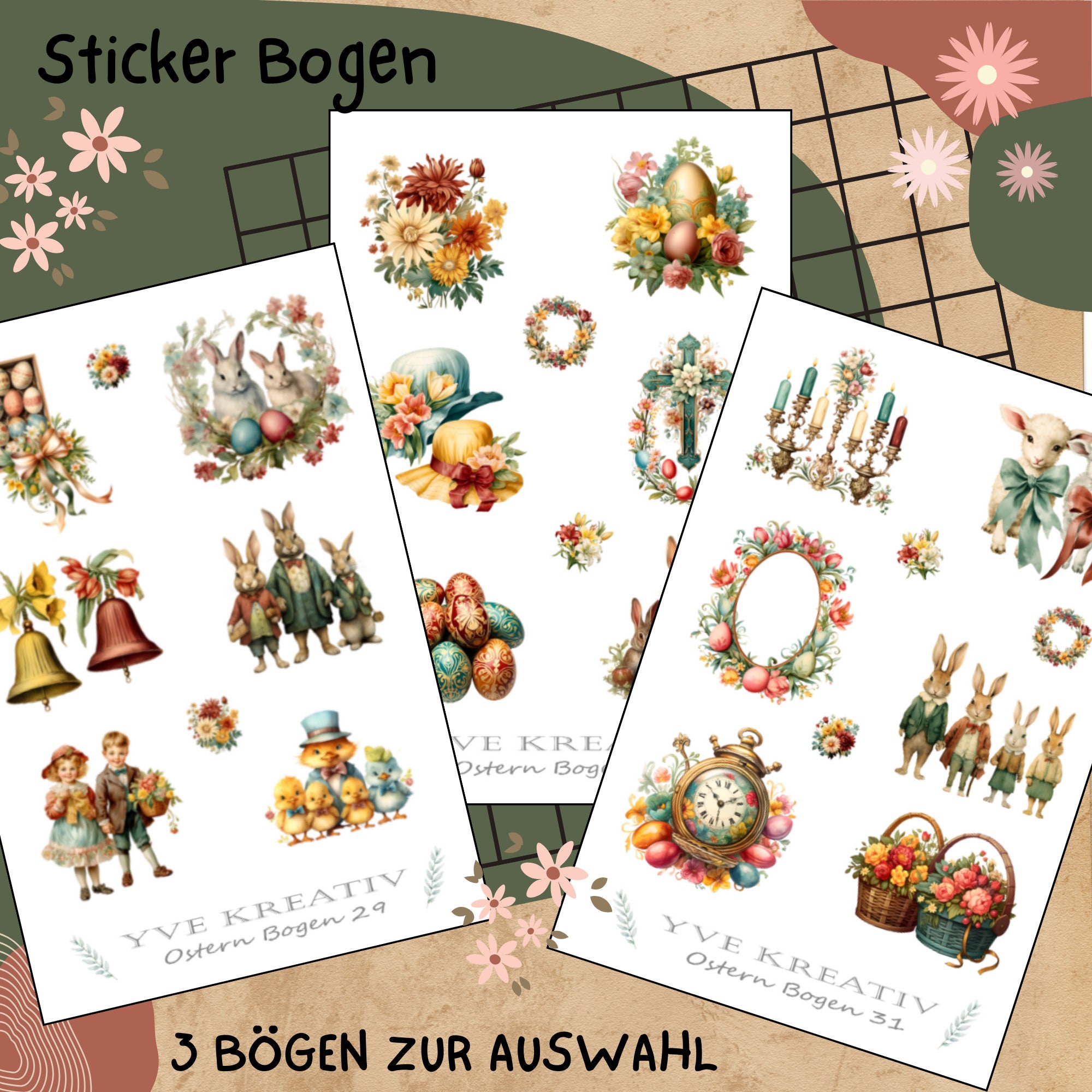 Sticker Bogen " Ostern - Nostalgie Vintage " | Sticker Set - Aufkleber 3 Stickerbogen zur Auswahl in Weiß - Transparent - Matt - Glanz #SBA6