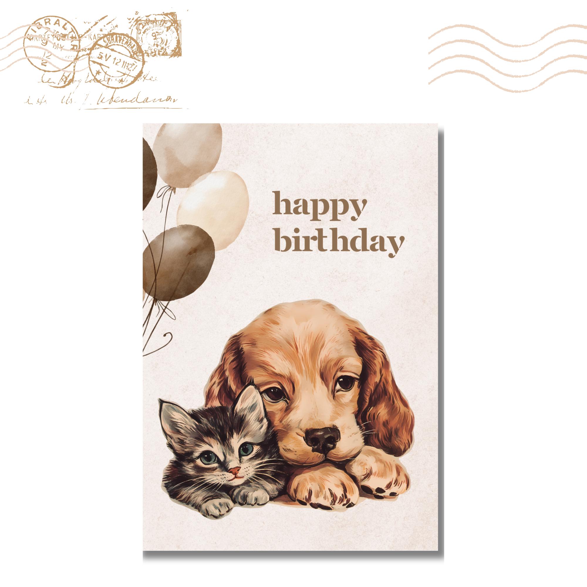 Postkarte zum Geburtstag, Grußkarte, Karte mit Hund und Katze, Grußkarte Happy Birthday in DIN A6 auf Papier mit Leinenstruktur #PLS